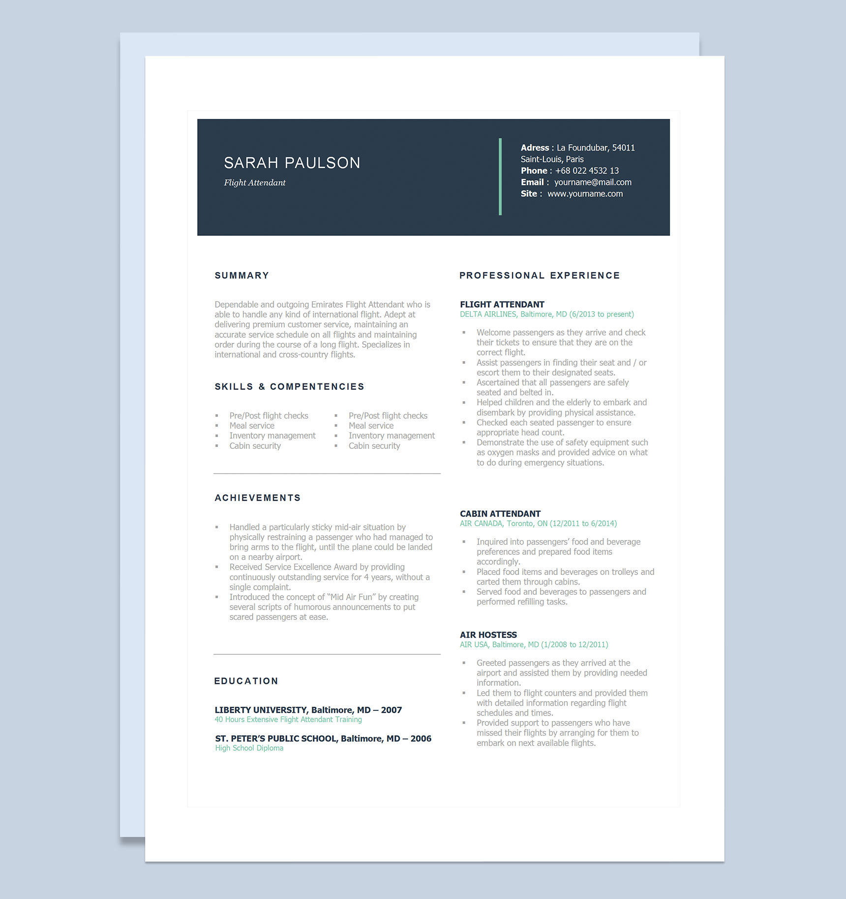 极简风国际航空公司通用空中乘务员个人简历自荐信Word模板