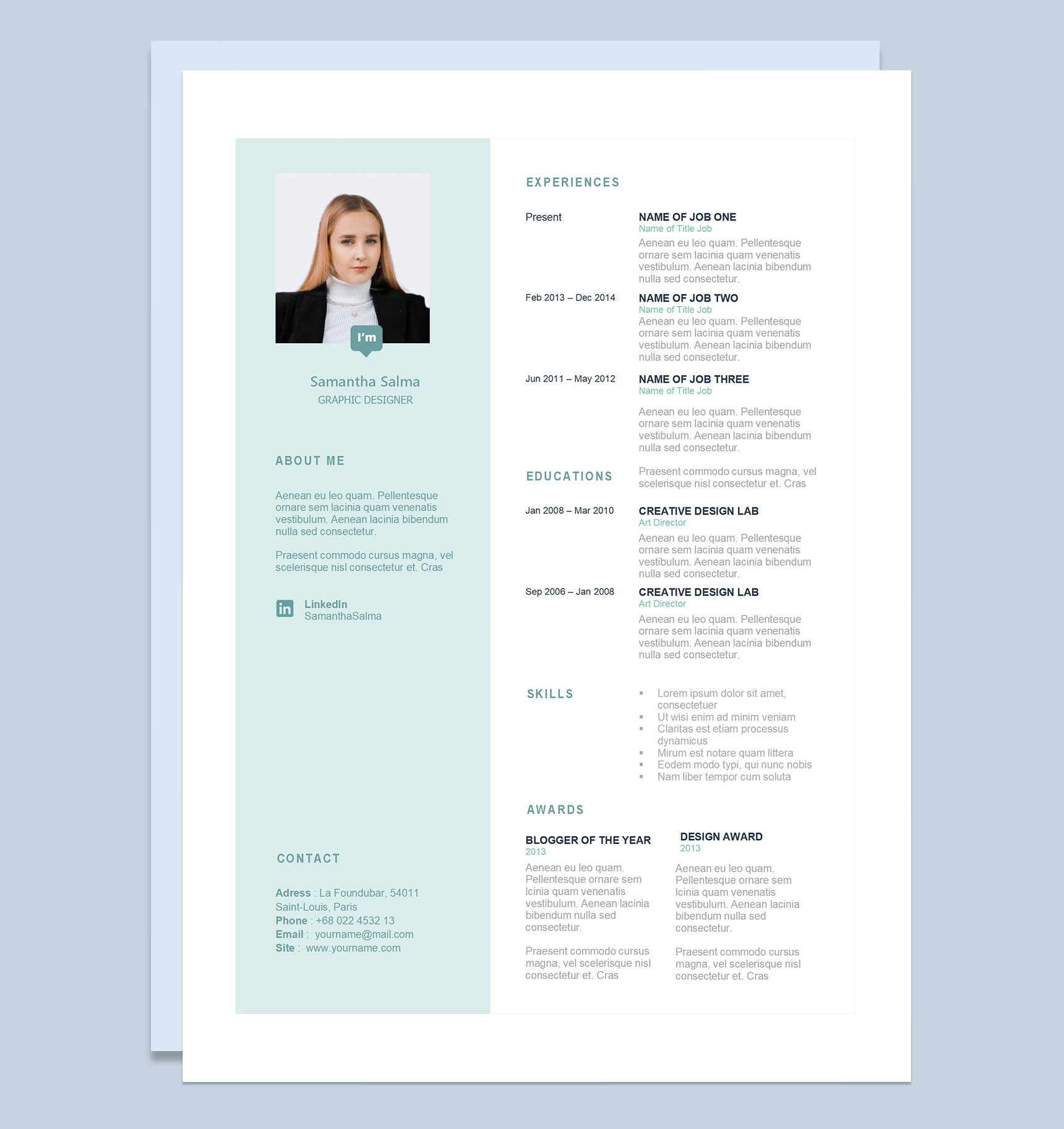 清新薄荷绿外企平面设计师通用个人简历求职简历自荐信Word模板