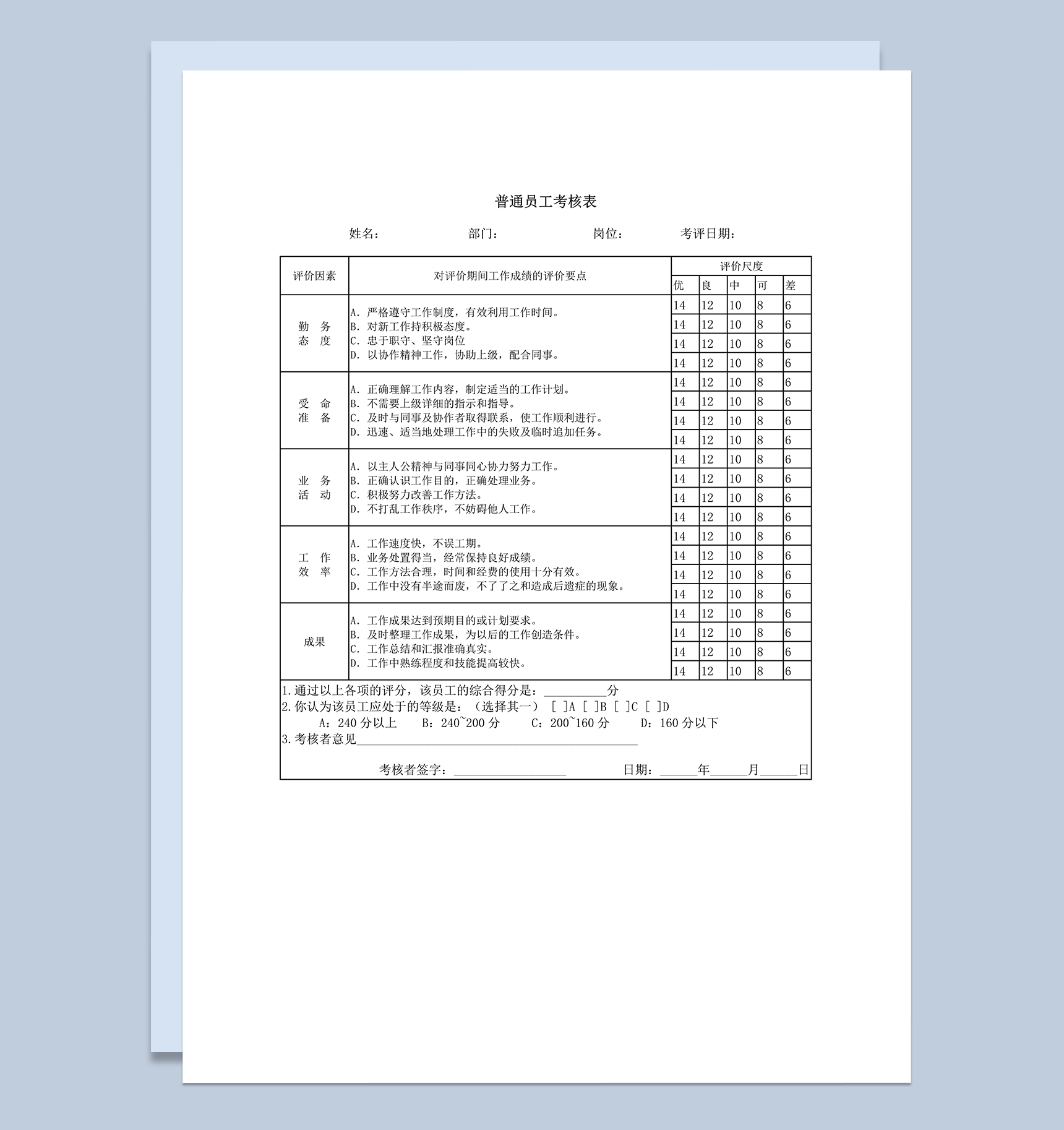 普通员工考核表word模板