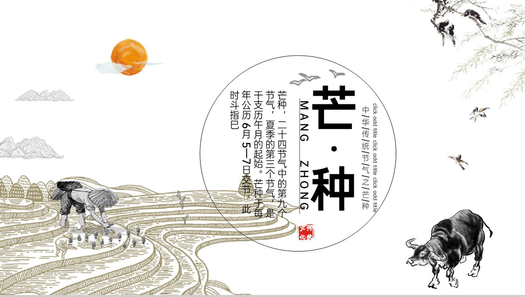 黑白手绘风二十四节气芒种主题宣传介绍PPT模板