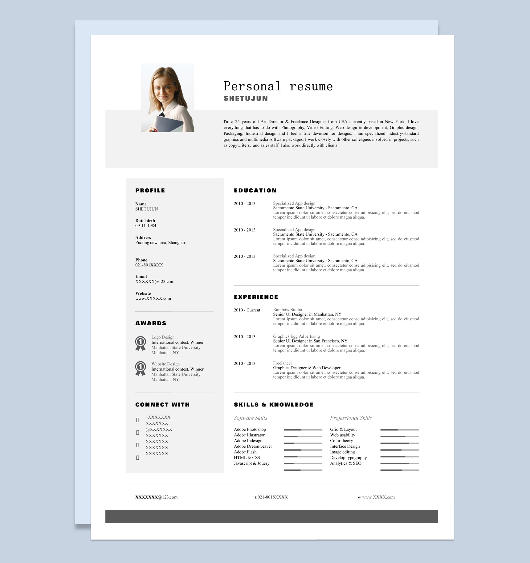 白色简约风格高校大学生求职英文简历Word模板