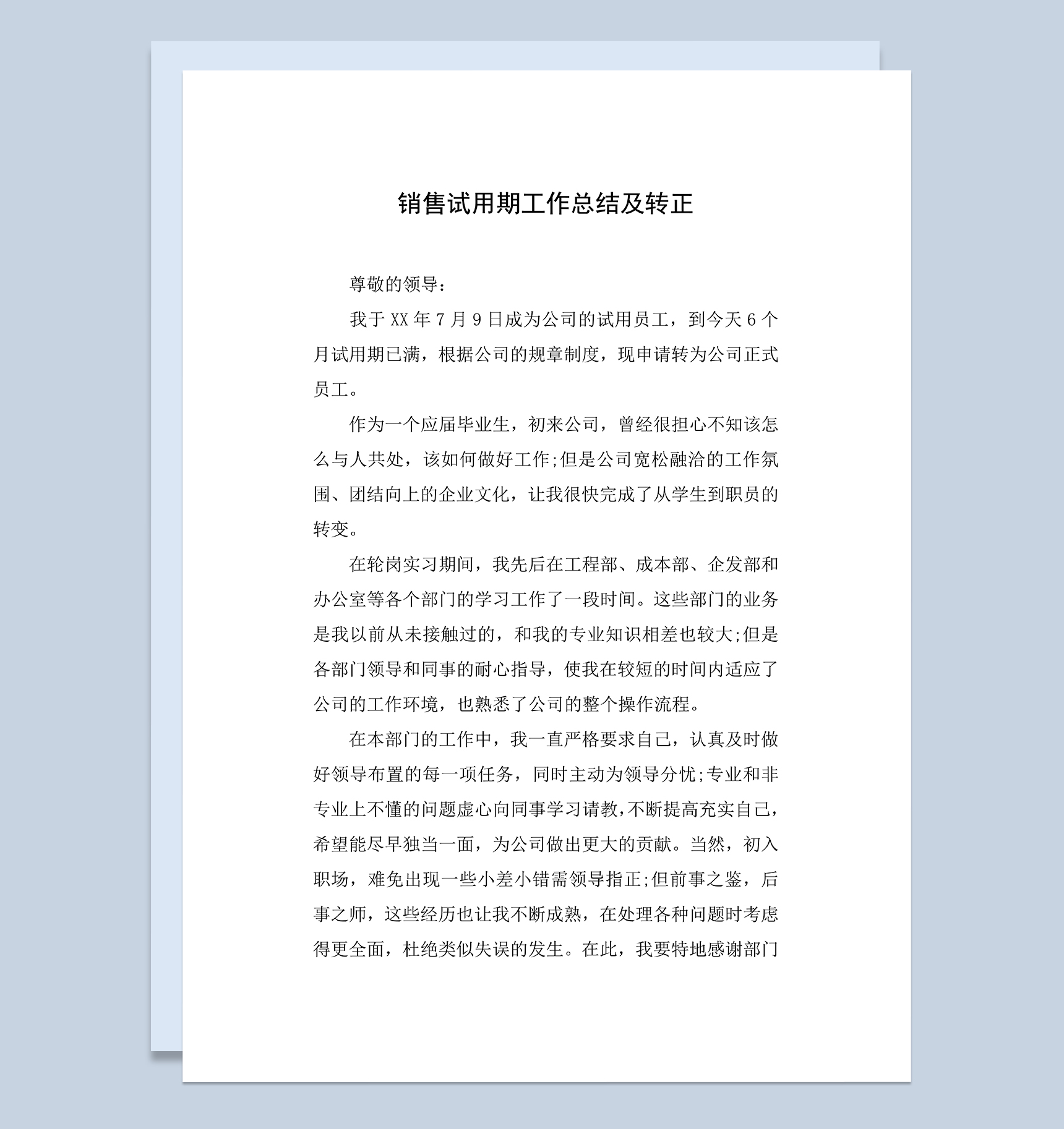 销售试用期转正工作总结及年终总结Word模板