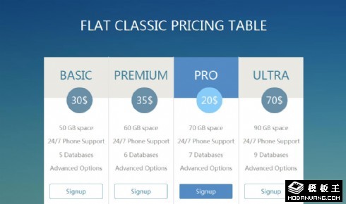 蓝色经典参数价目表响应式网页模板