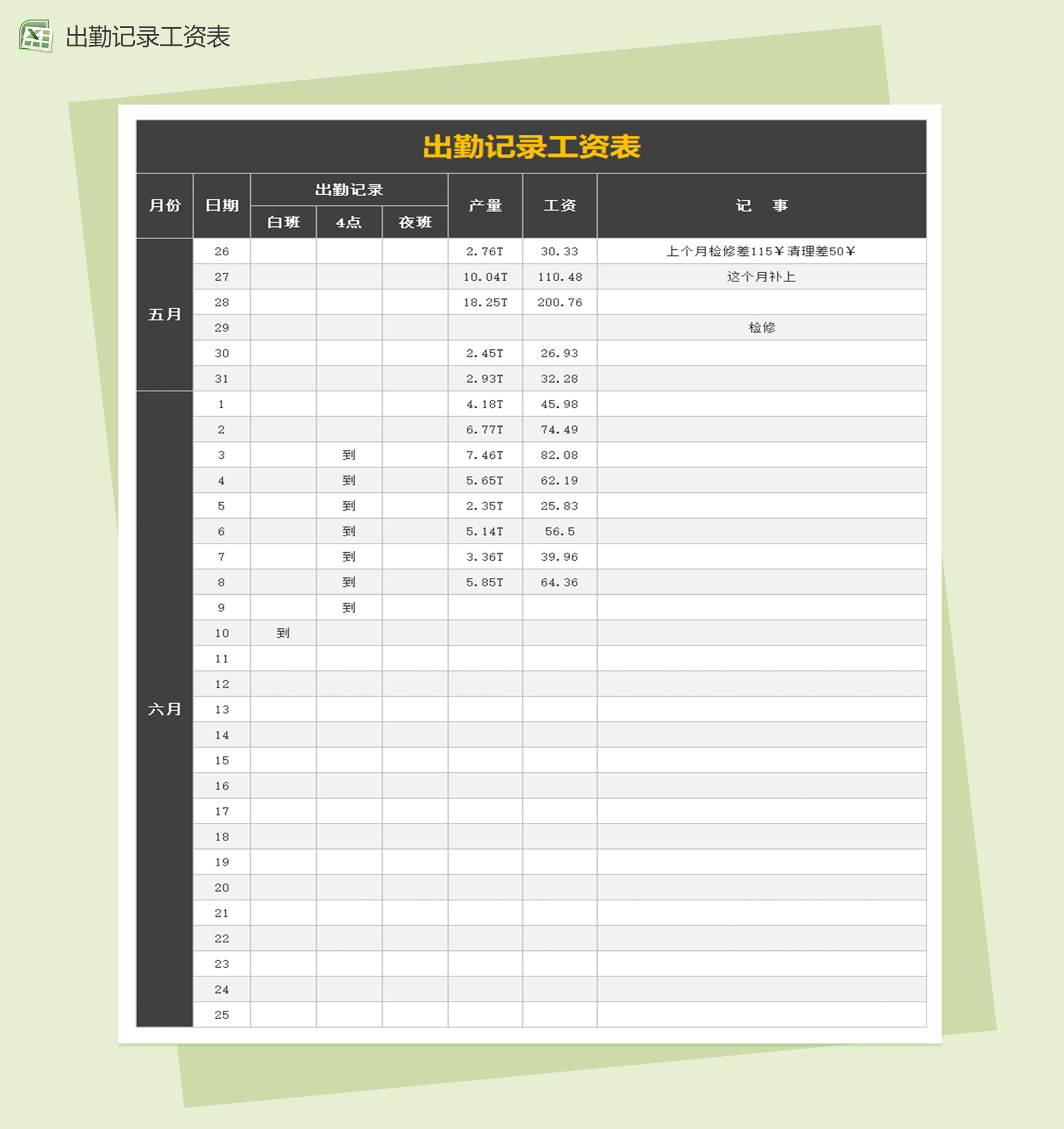 出勤记录工资表excel表格模板
