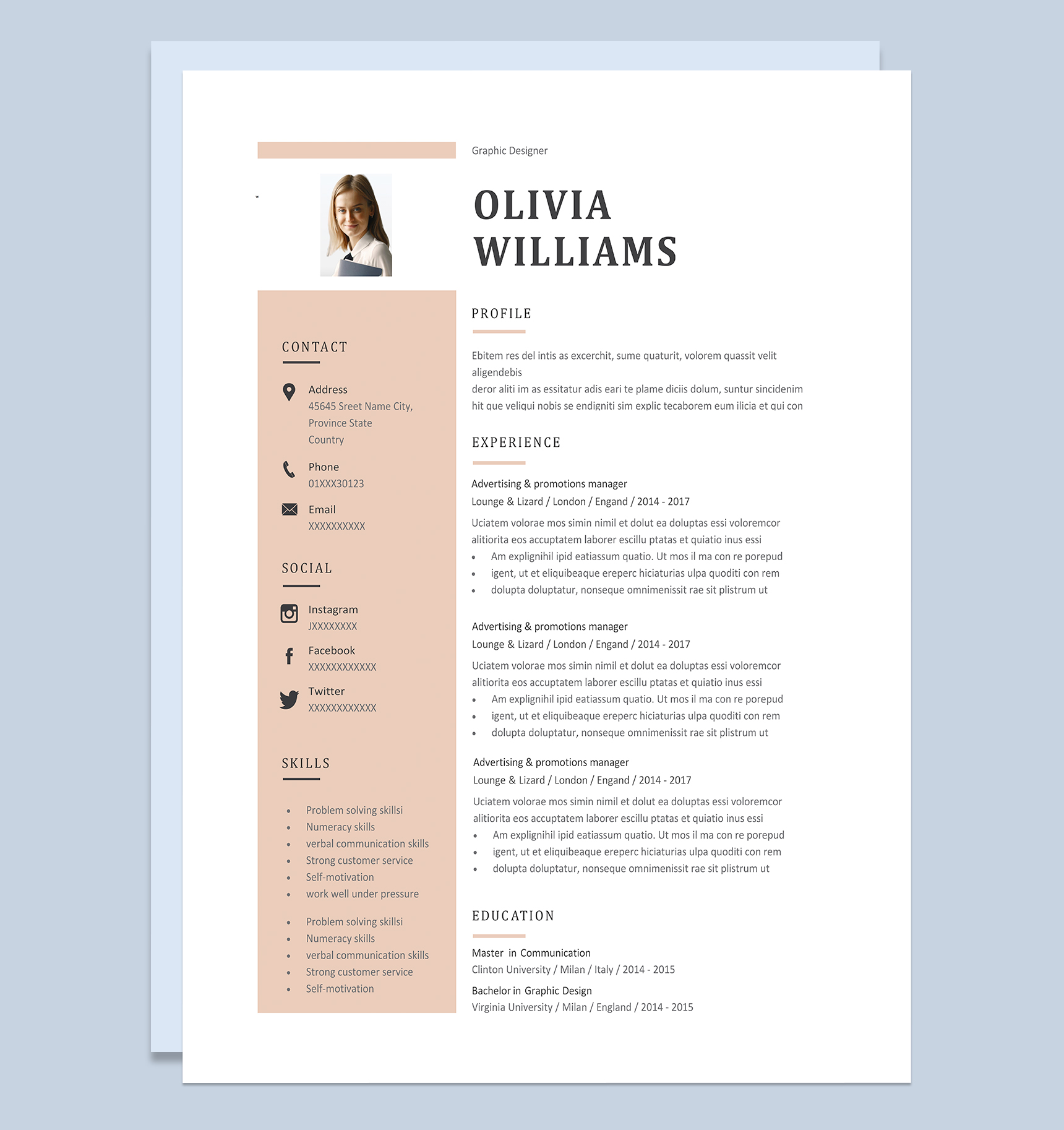 淡雅大气平面设计师岗位个人通用英文版简历Word模板