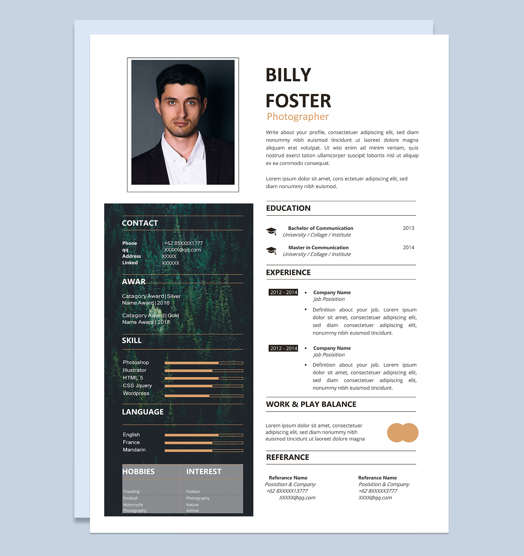 简约大气摄影师岗位个人通用英文简历Word模板