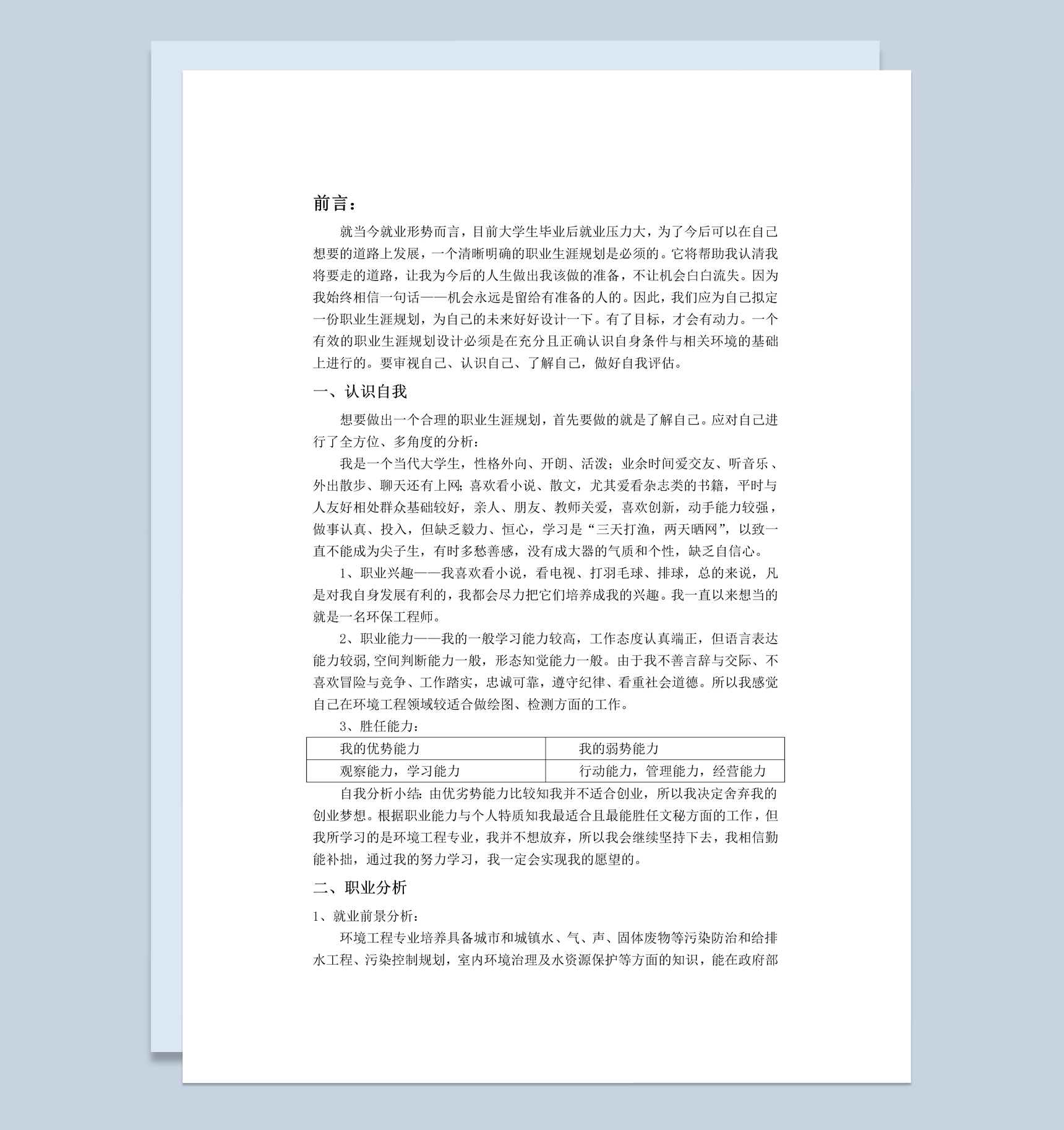 环境工程专业大学生职业生涯规划书Word模板