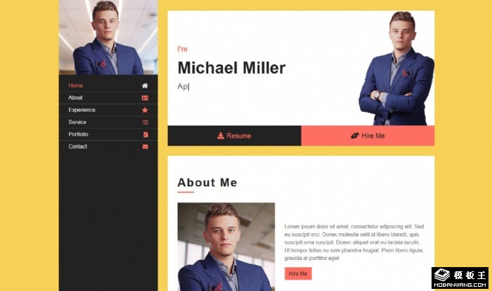 黄色专业个人简历网页模板