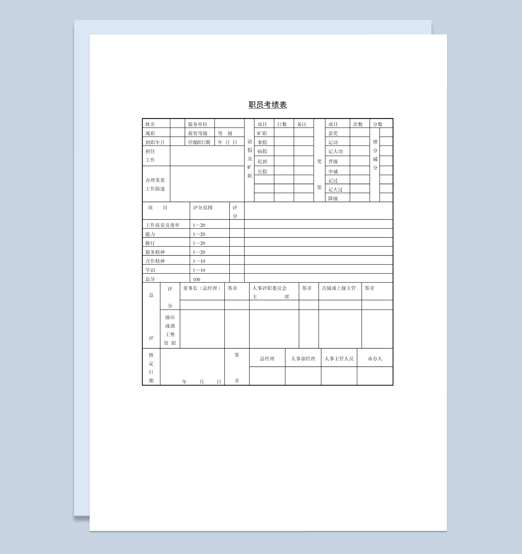 大小型公司职员考绩表Word模板