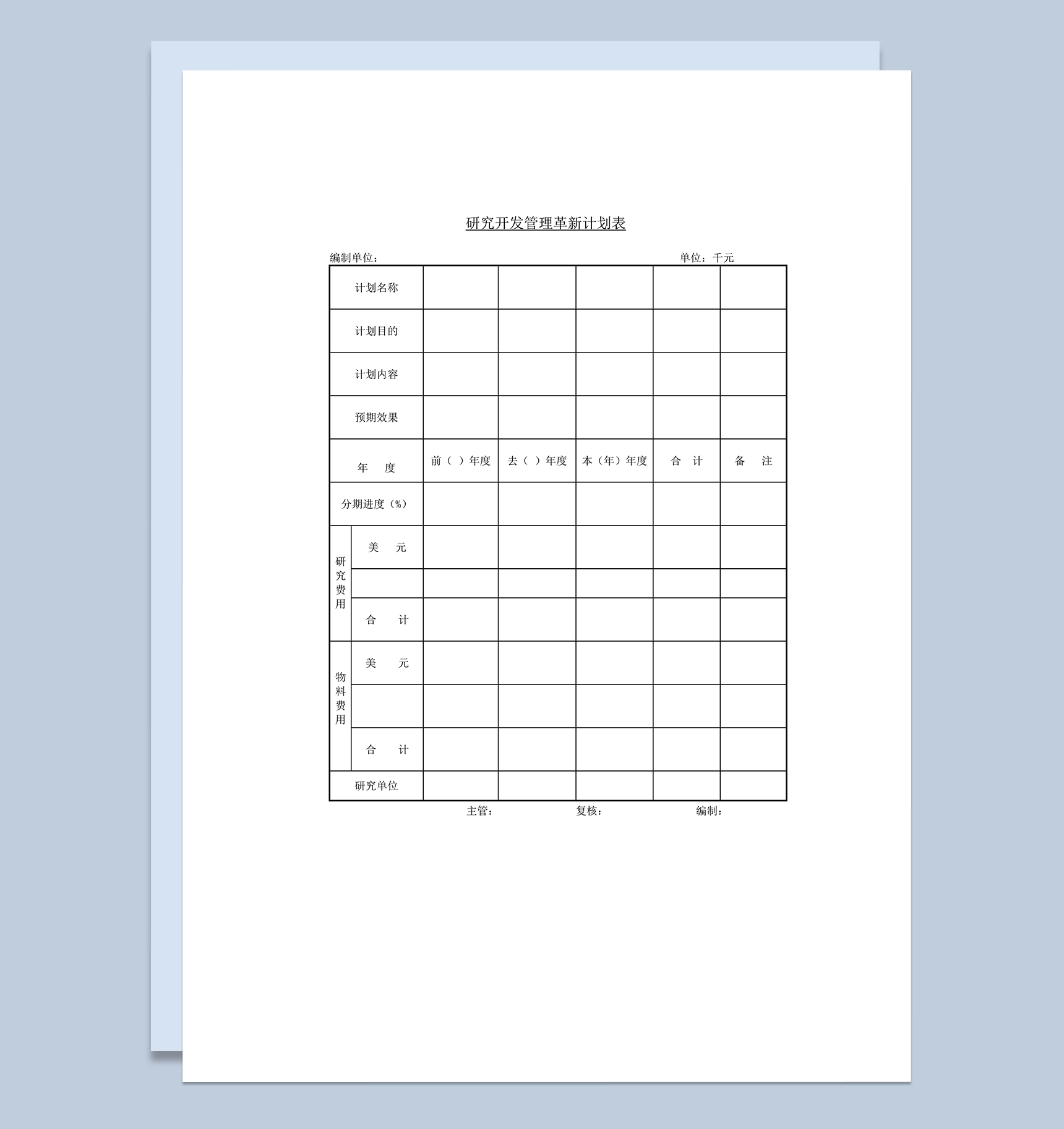 研究开发管理革新计划表word模板