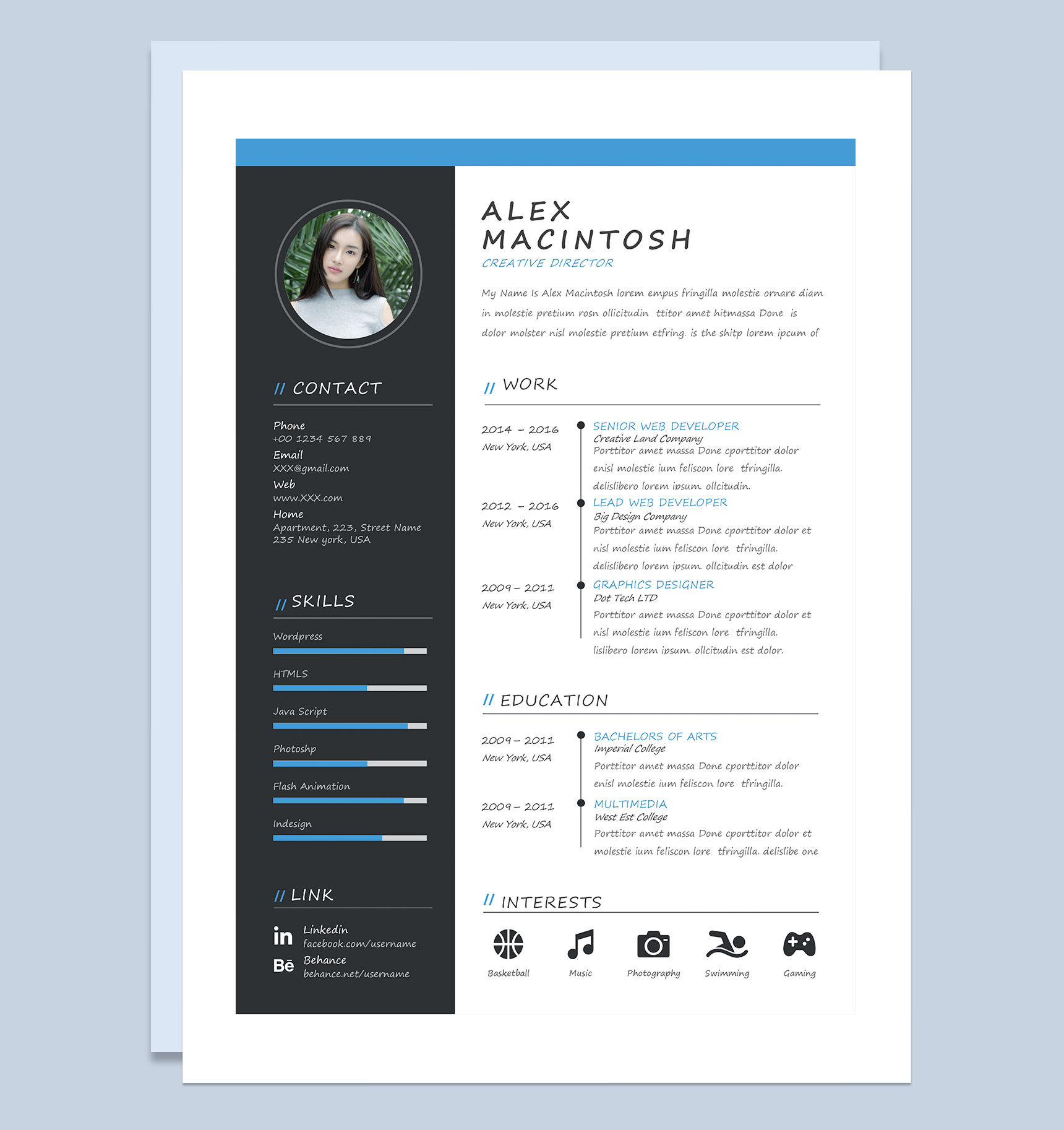 黑色大气创意总监求职简历个人简历Word模板