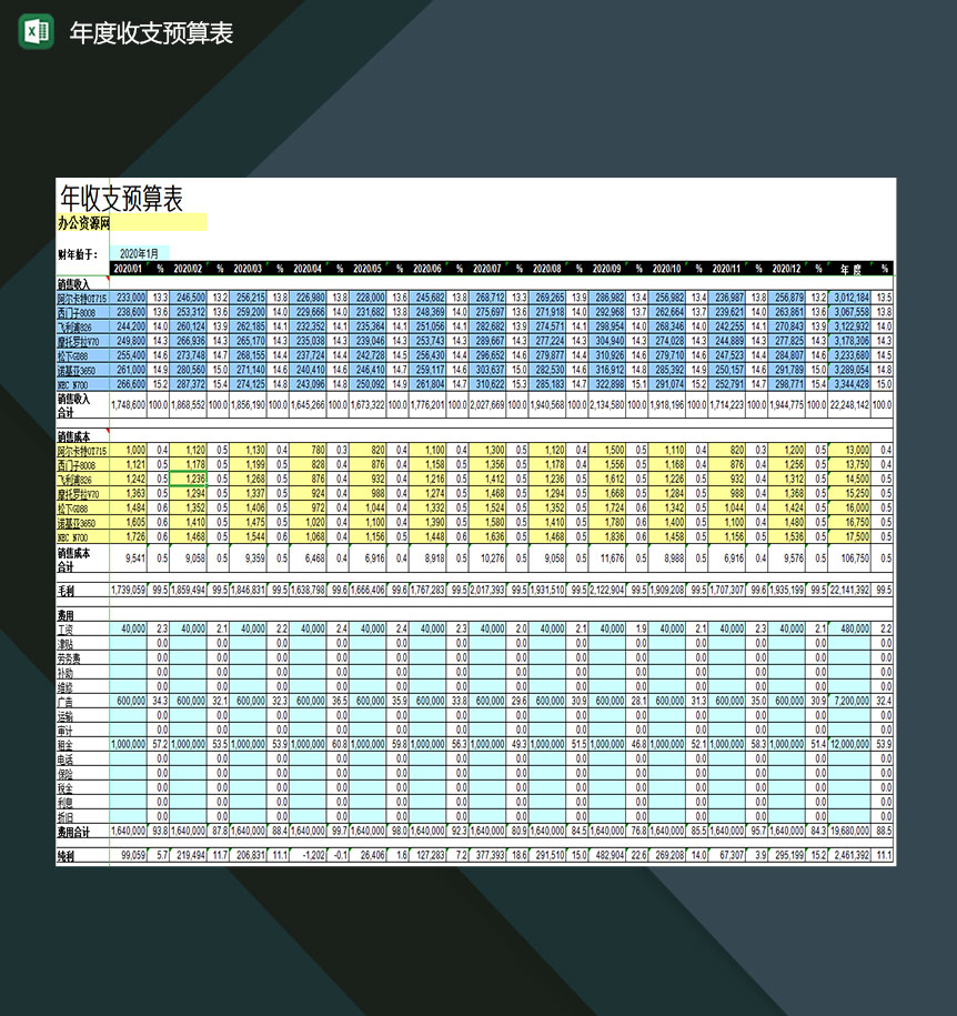 企业年度详细收支预算登记表Excel模板