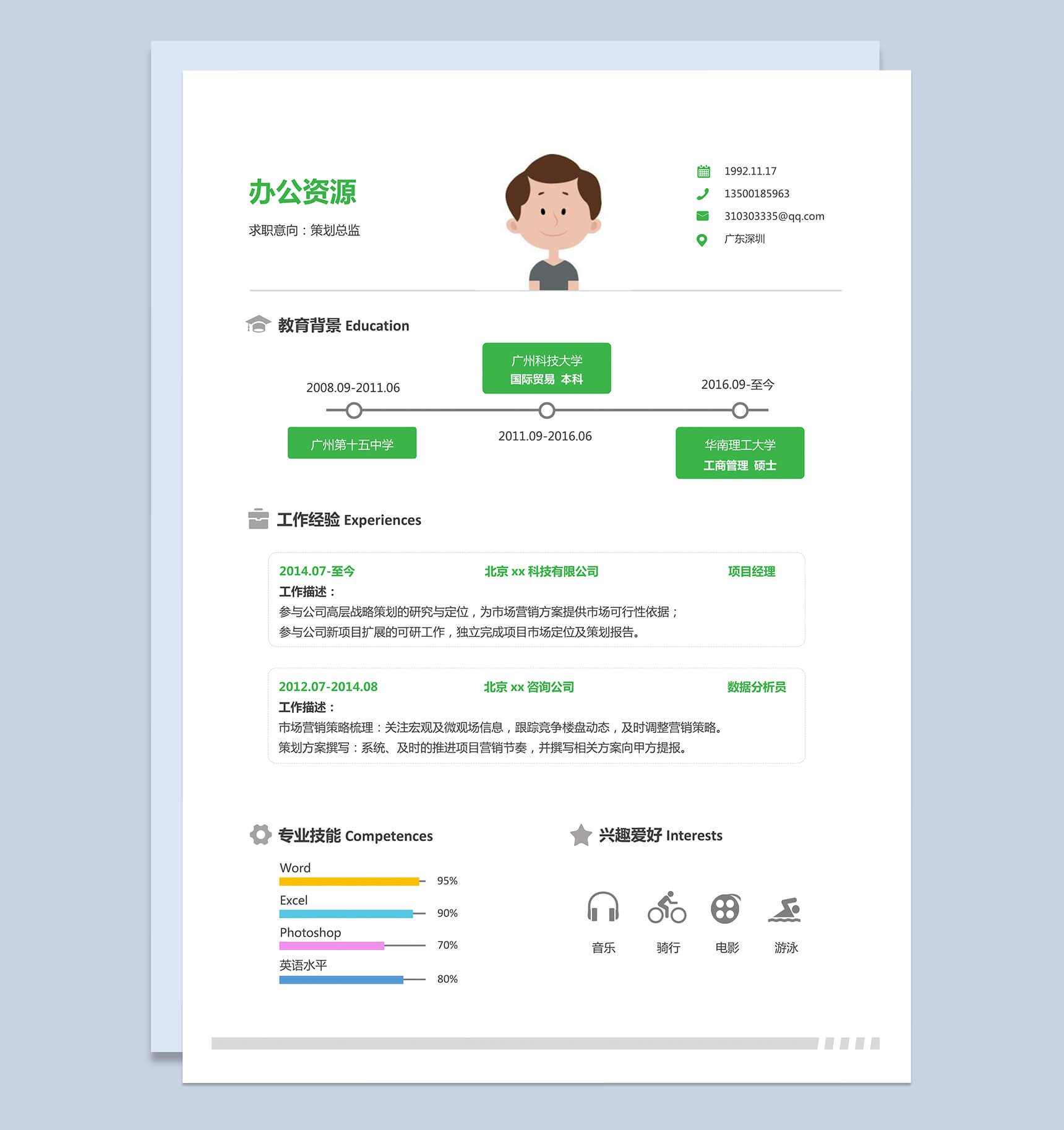草绿色销售策划总监求职简历Word模板