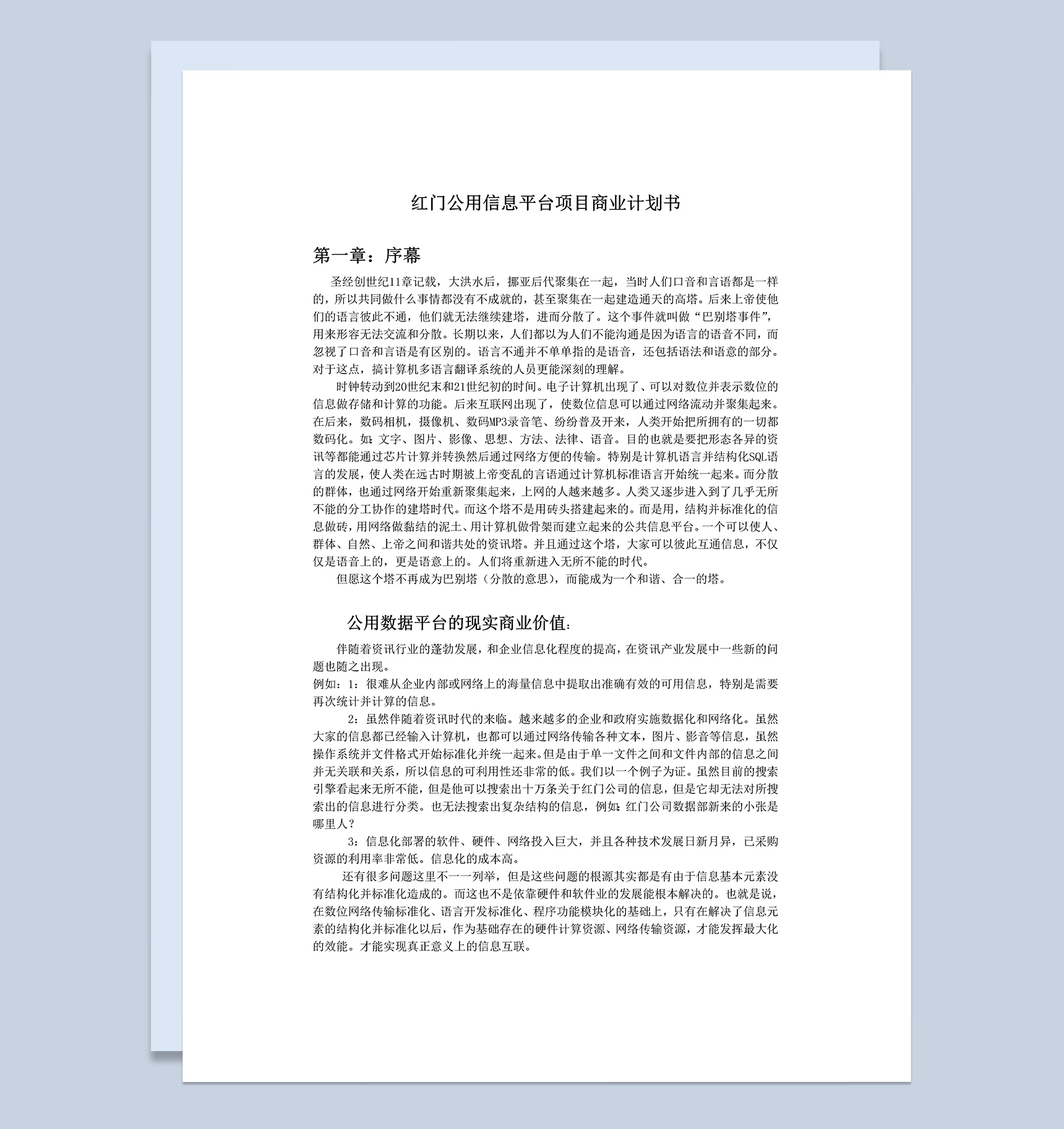 XX公用信息服务平台项目商业计划书Word模板