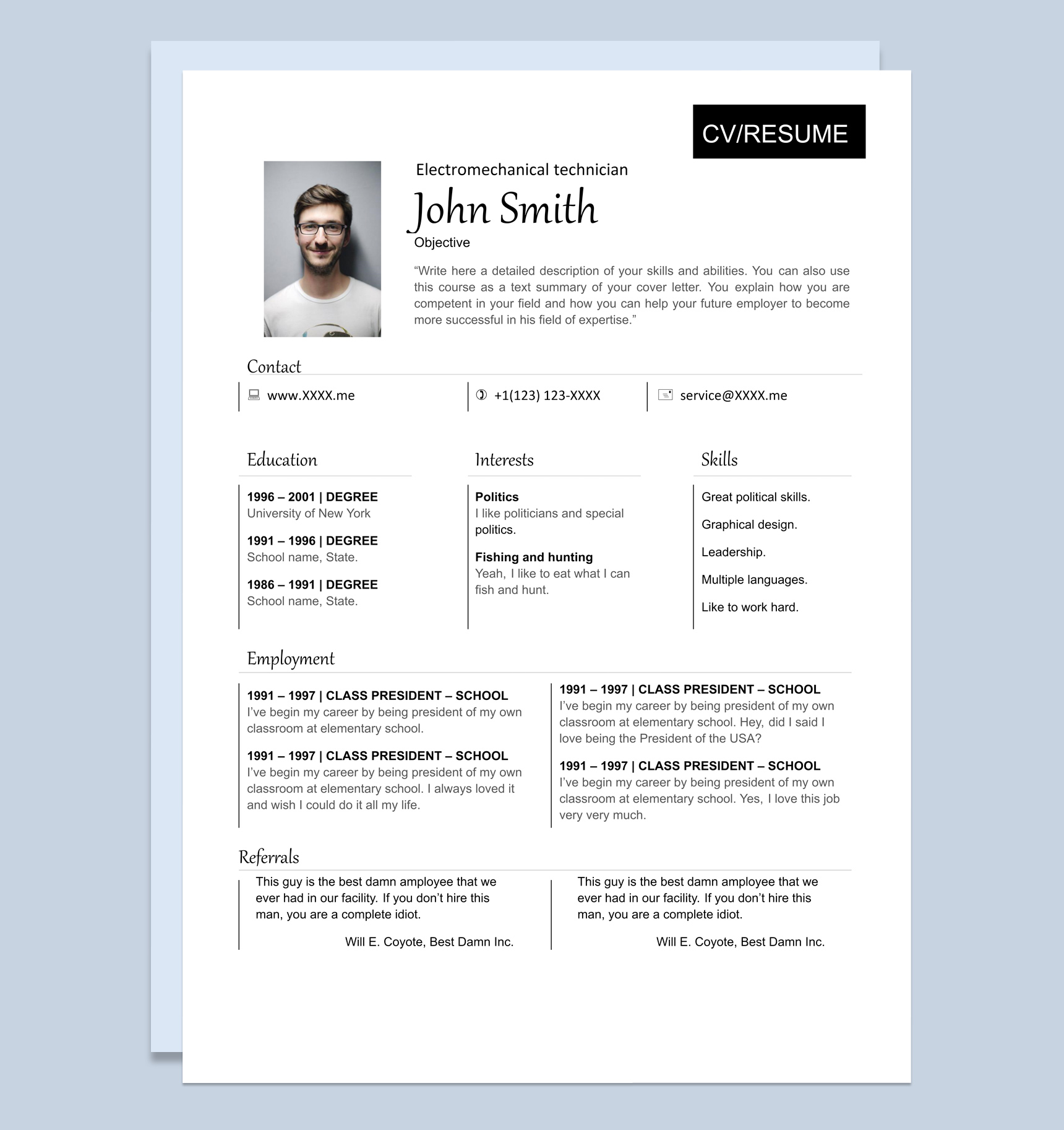 黑色商务风格机电技师个人求职英文简历Word模板