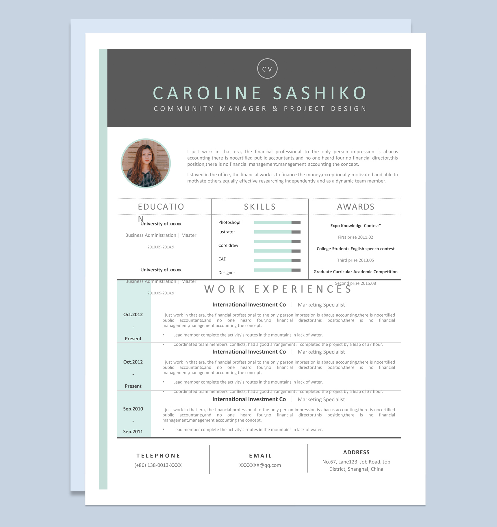 白色商务风格平面设计师求职英文简历Word模板