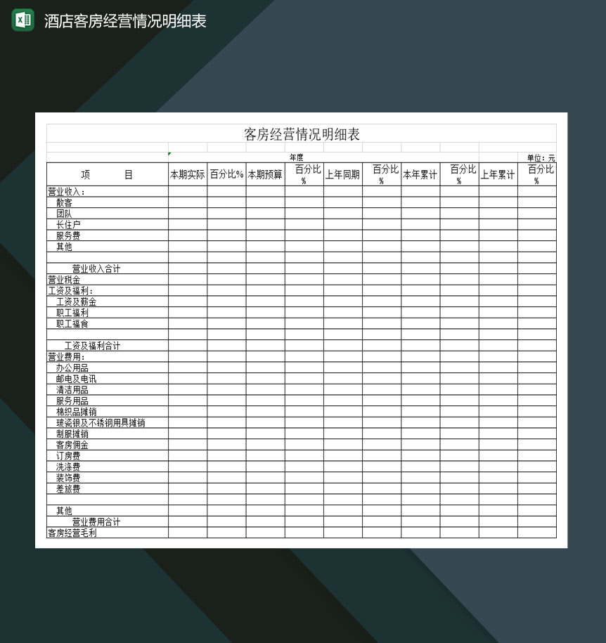 酒店客房经营情况明细表Excel模板