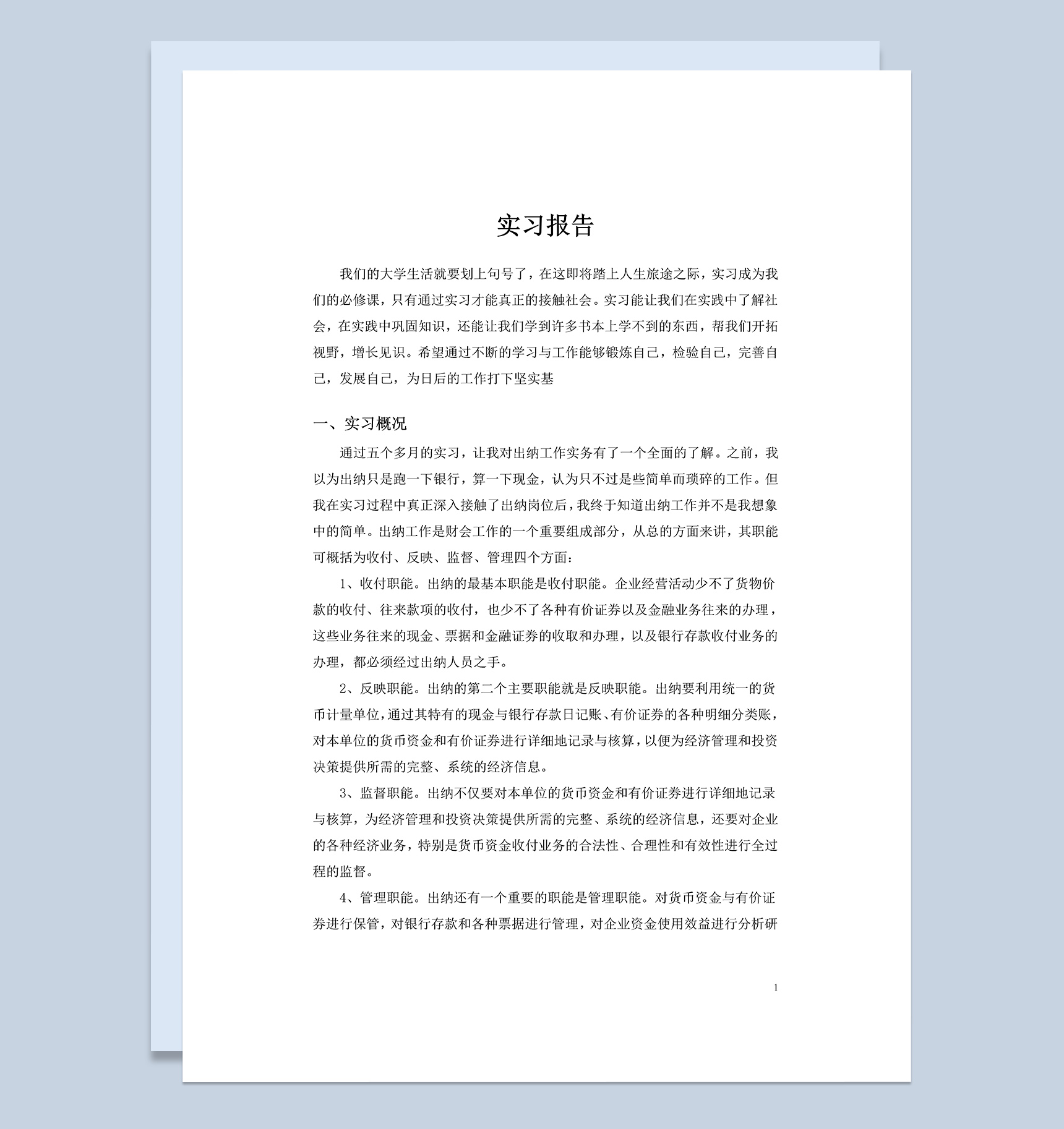 实用简约风企业公司出纳实习报告范本Word模板