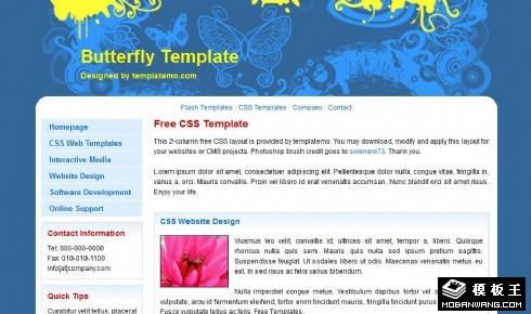 蓝色蝴蝶花纹产品信息网页模板