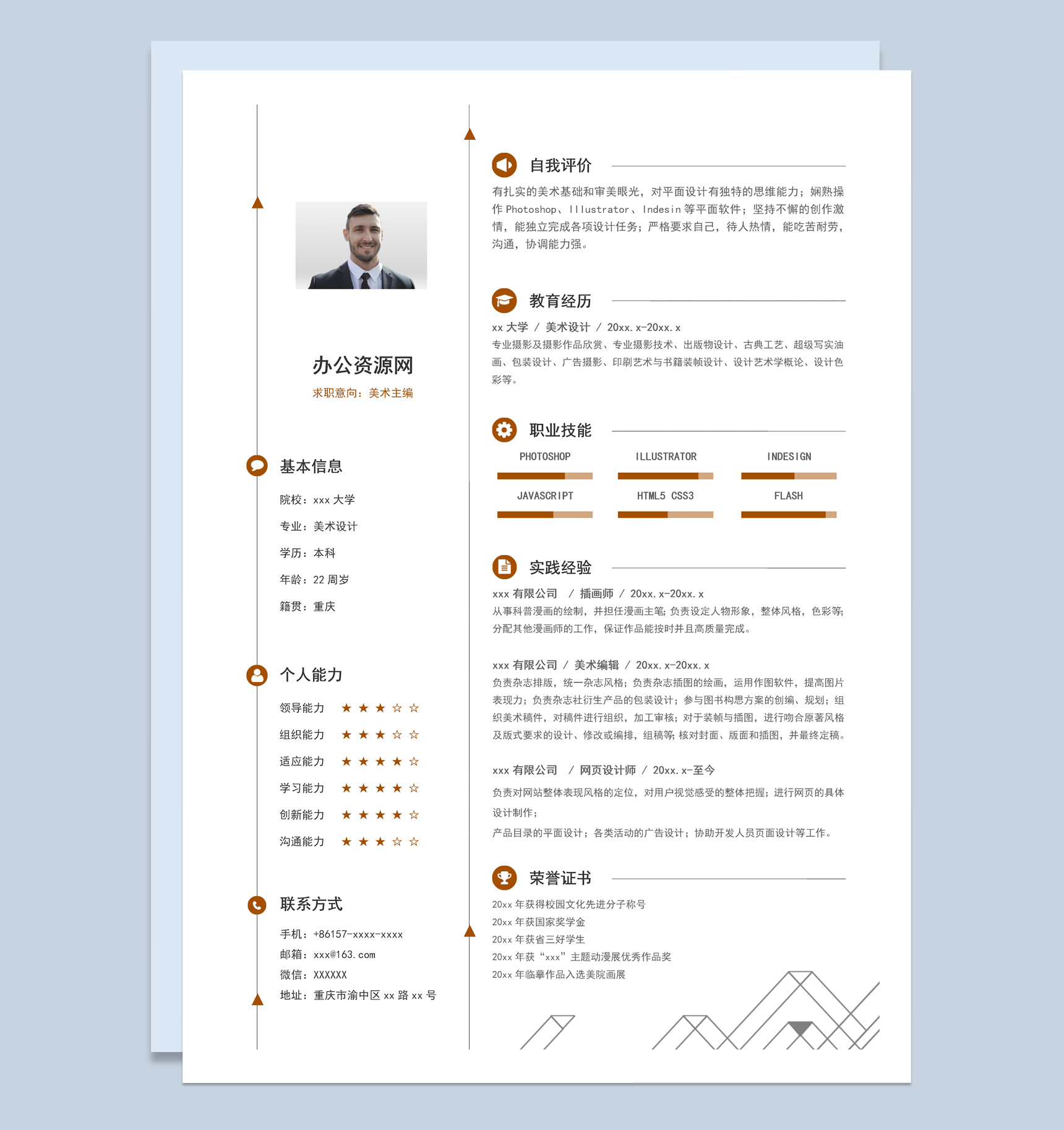 白色简约风格美术主编个人求职简历套装Word模板