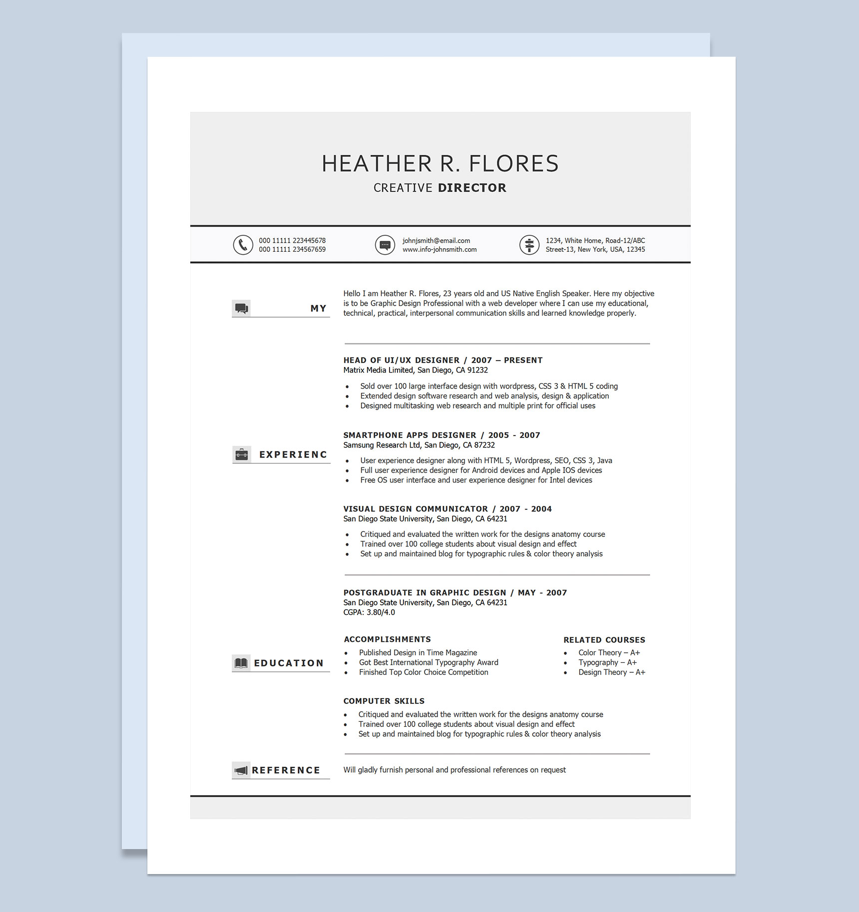 极简风纯英文简历套装创意总监通用个人简历求职简历Word模板
