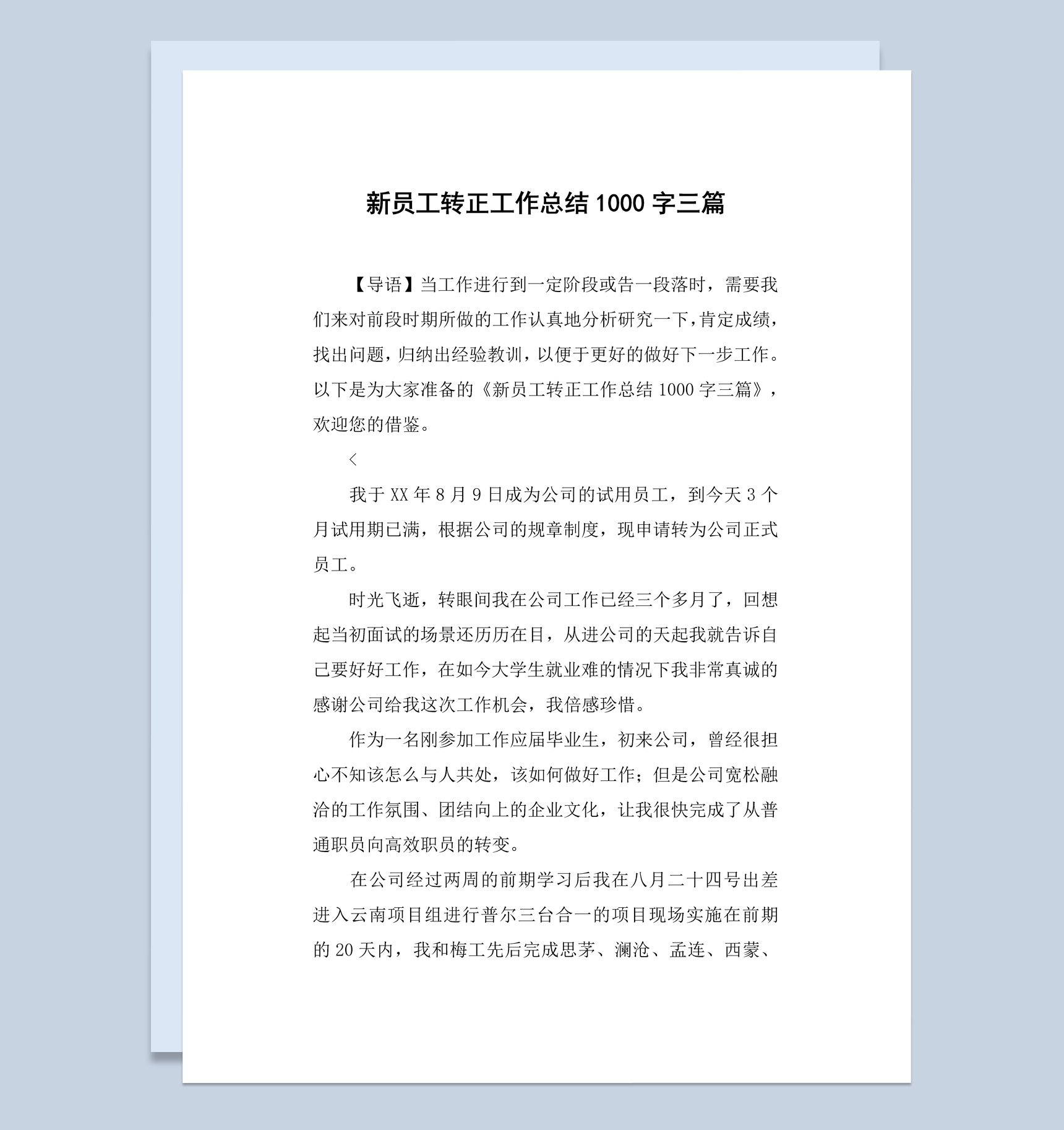 企业公司试用期员工转正工作总结报告Word模板