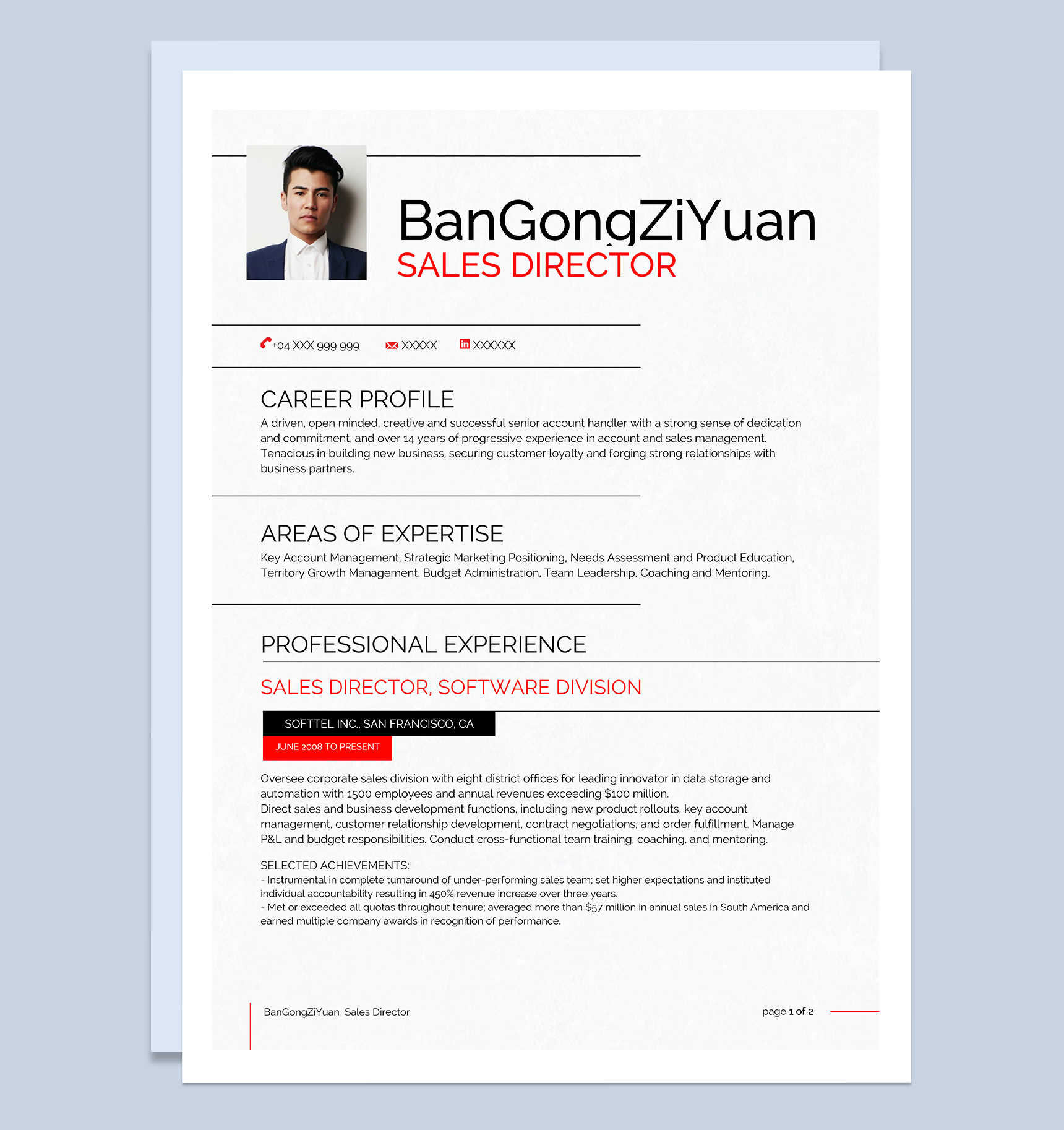经典简约销售总监个人工作简历英文版Word模板