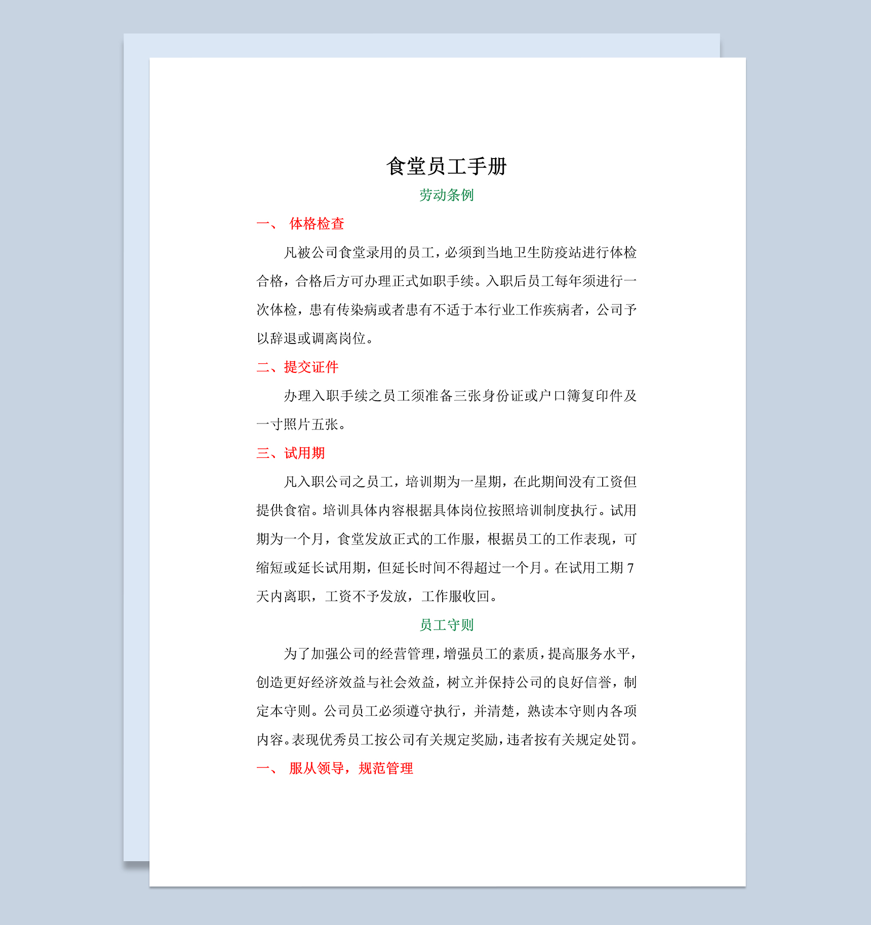 简约大气公司食堂员工手册范本Word模板