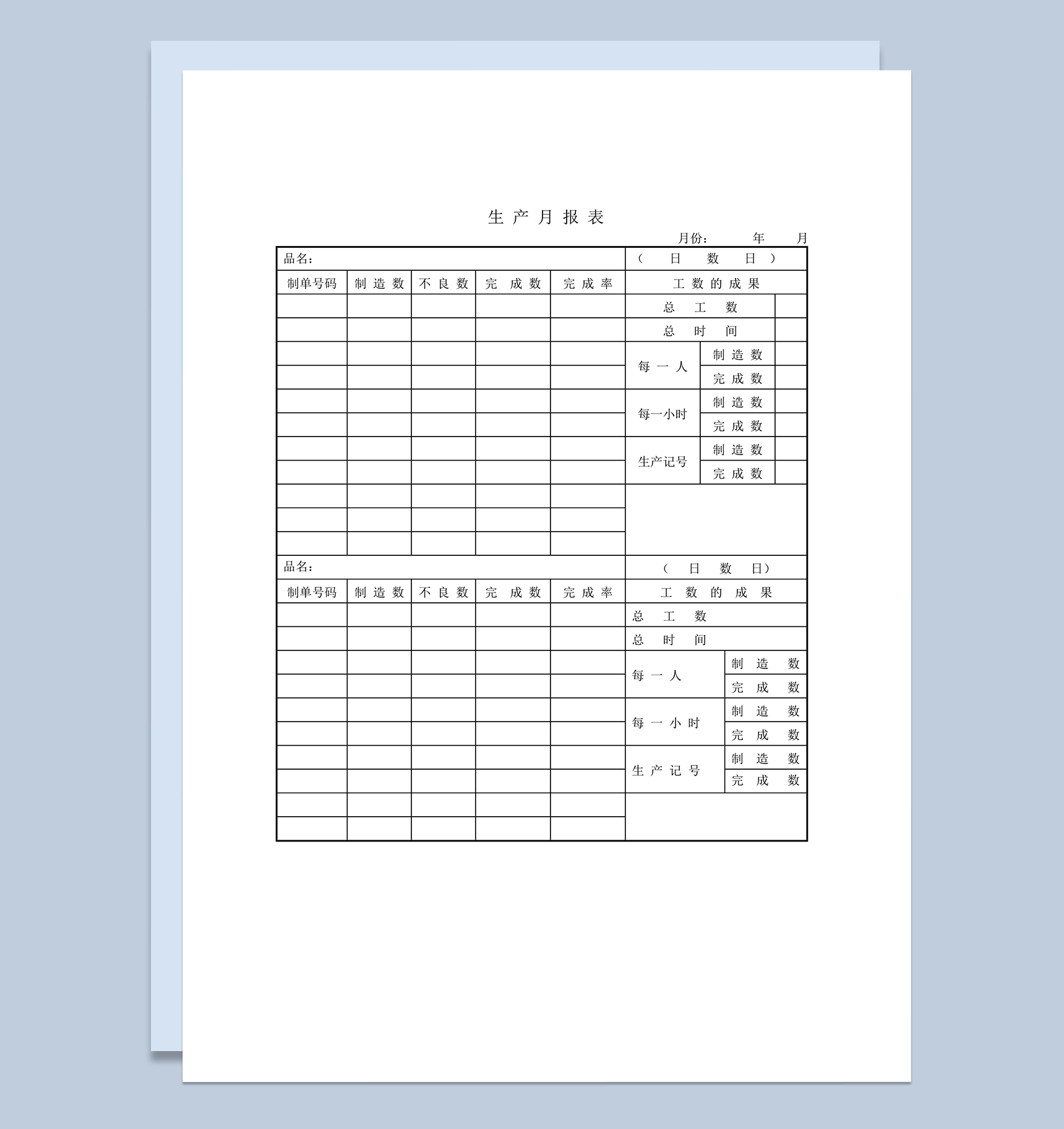 制造业生产数量统计生产月报表word模板