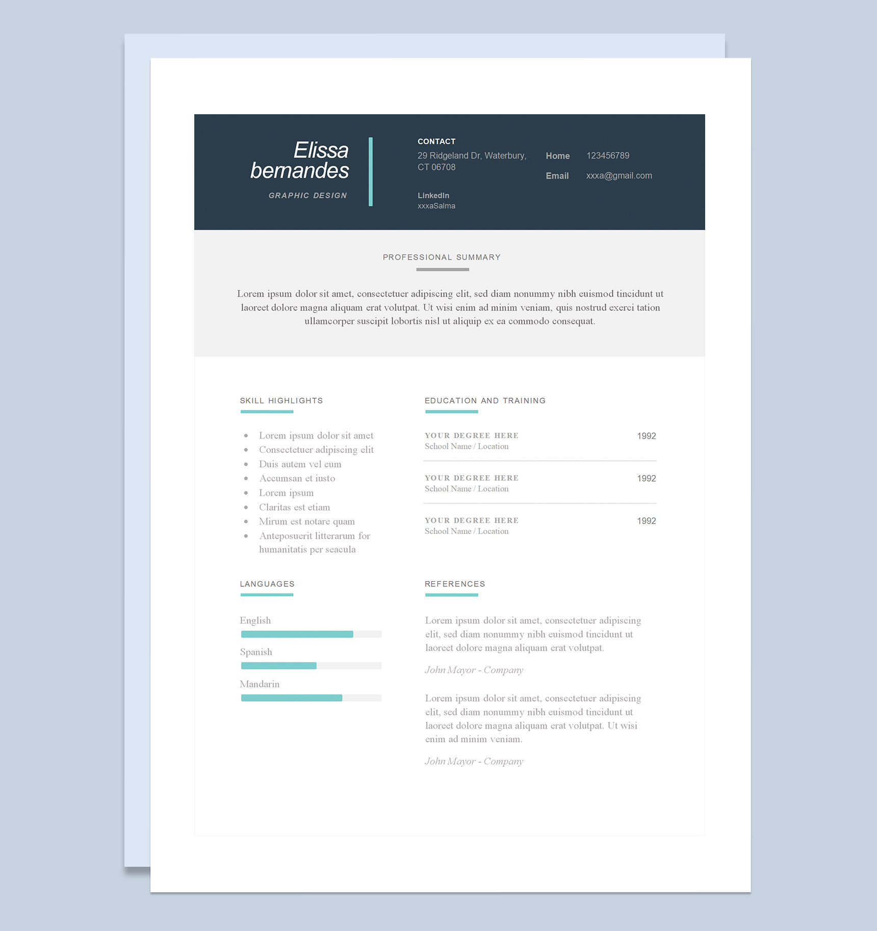 欧美商务风三页外企平面设计师求职通用个人简历英文简历Word模板