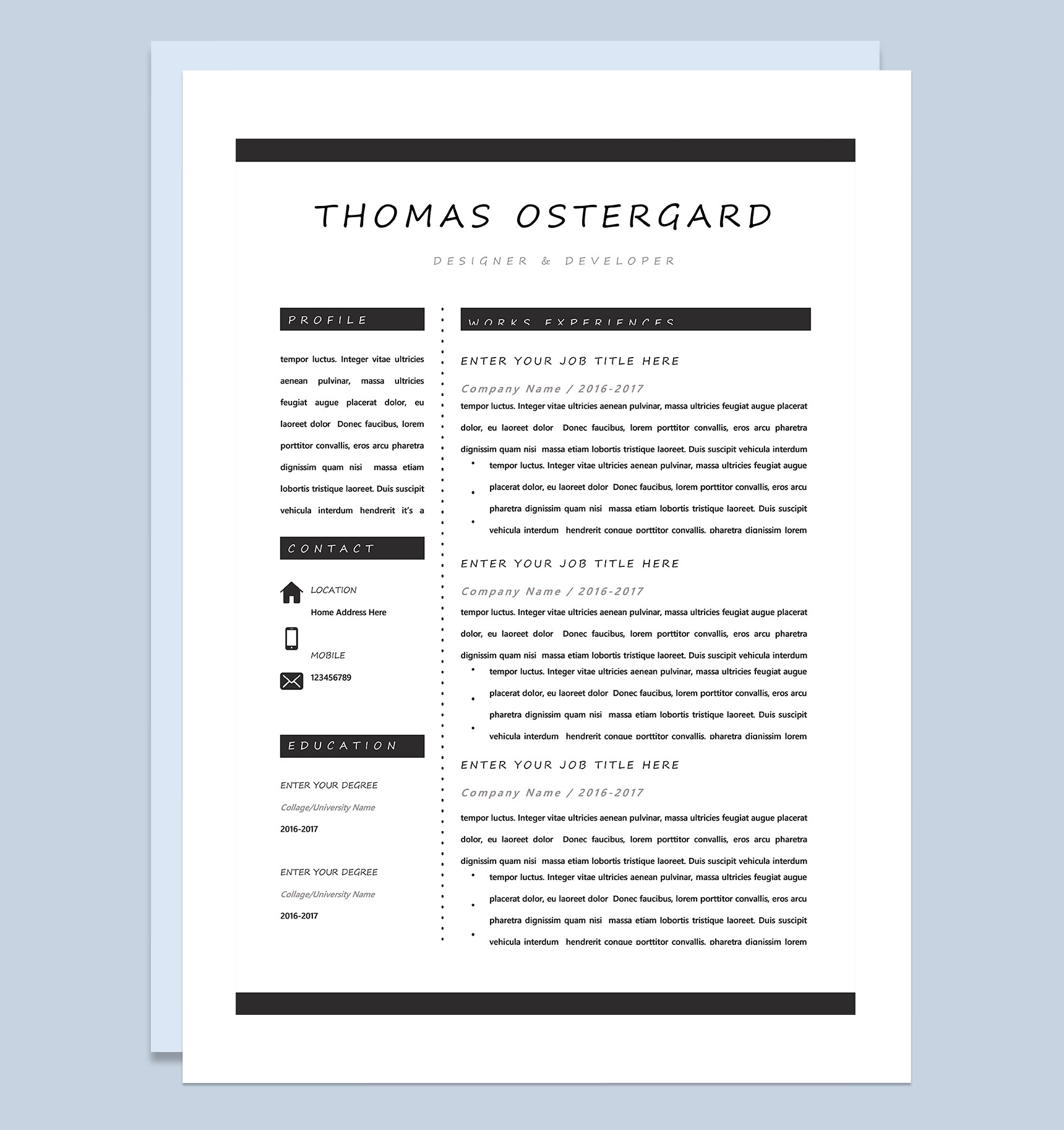 设计师和开发者通用个人简历自荐信求职简历套装Word模板