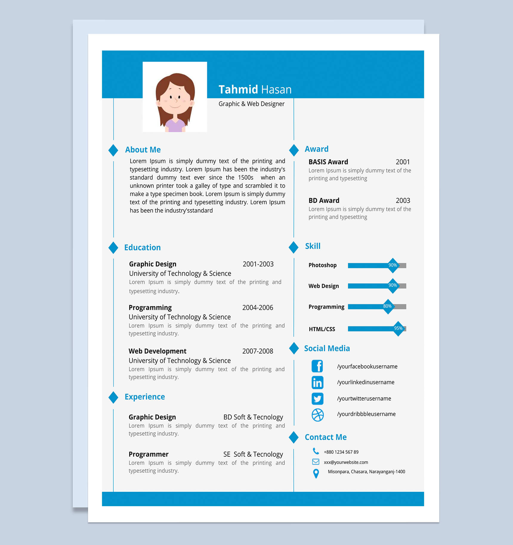 浅蓝色英文个人简介求职简历Word模板