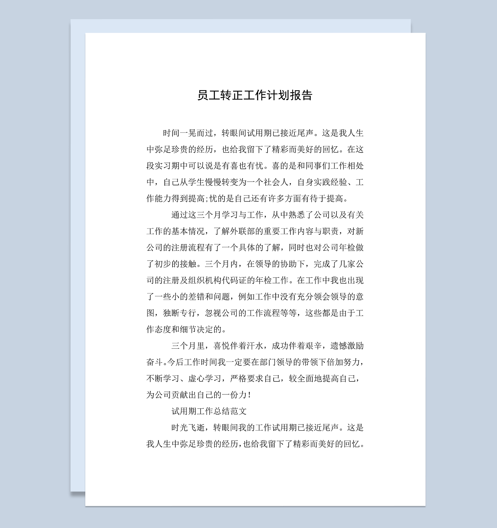 员工试用期满个人转正年终工作计划报告Word模板