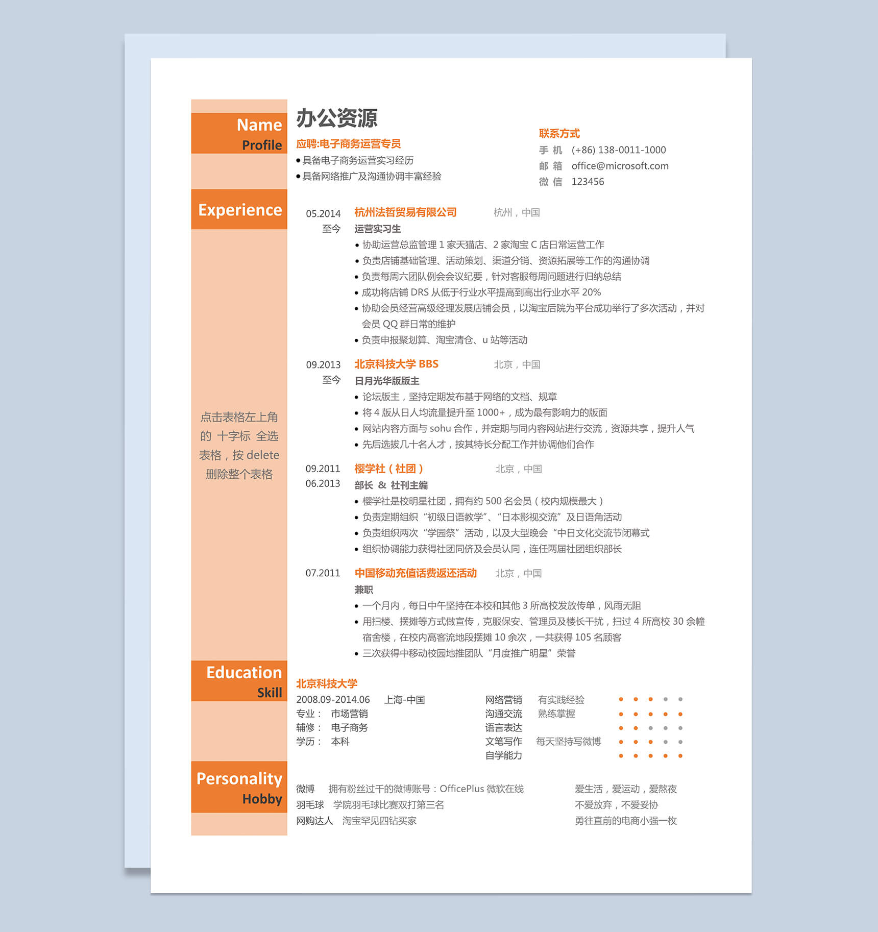 大气橙色背景电子商务运营专员求职应聘简历Word模板