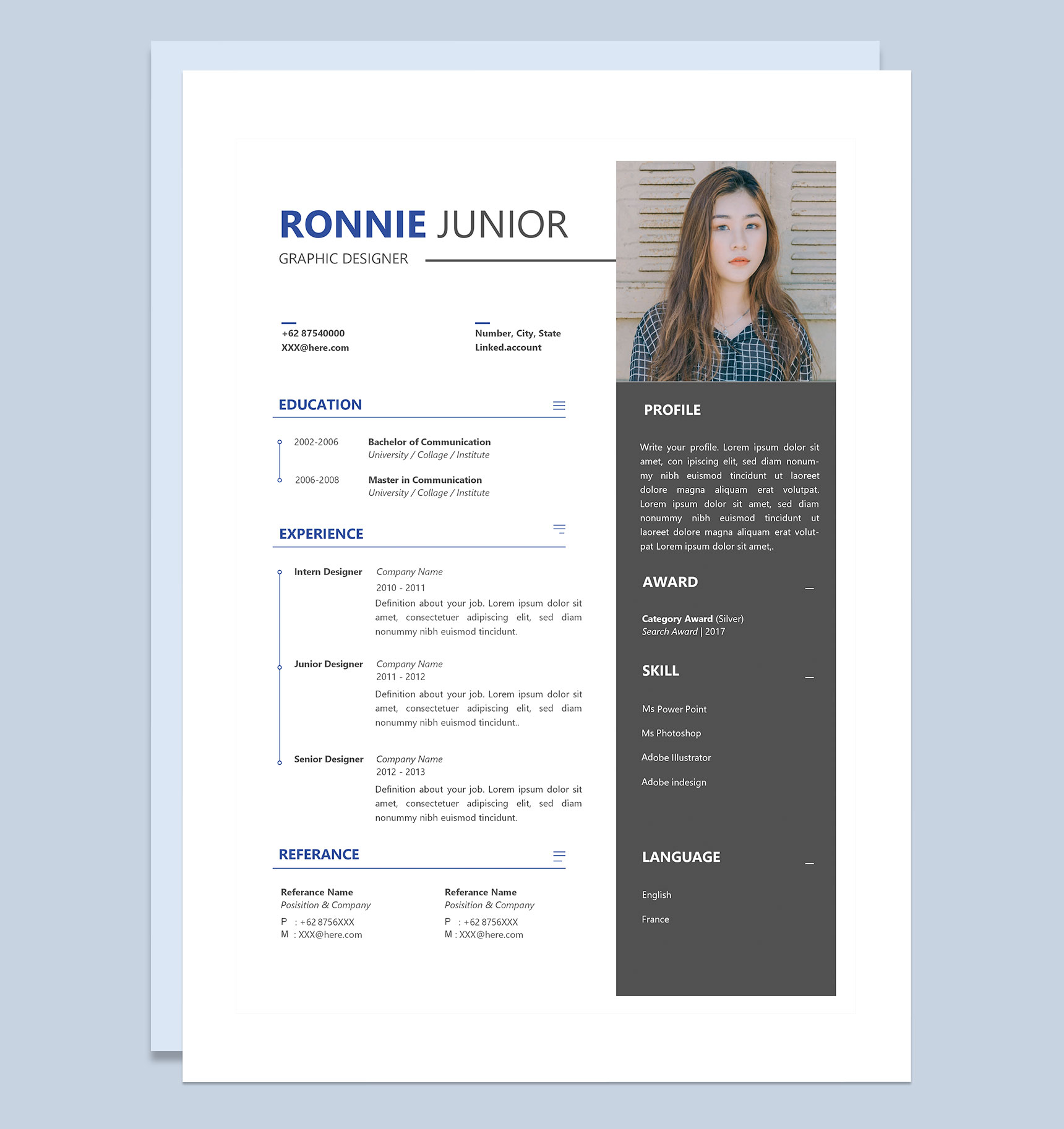 黑色欧美风平面设计师求职通用简历Word模板