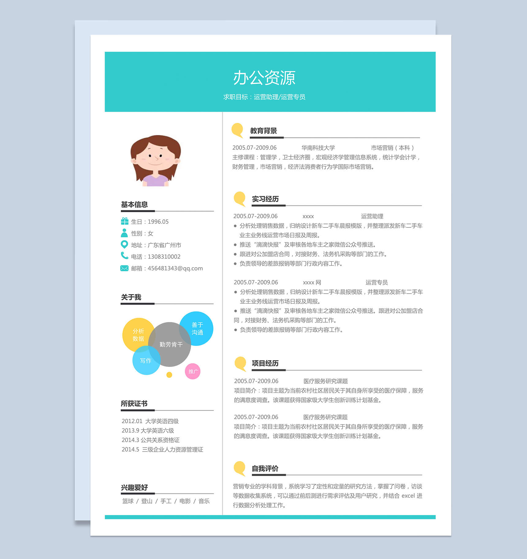 简单绿色运营专员毕业生毕业求职简历Word模板