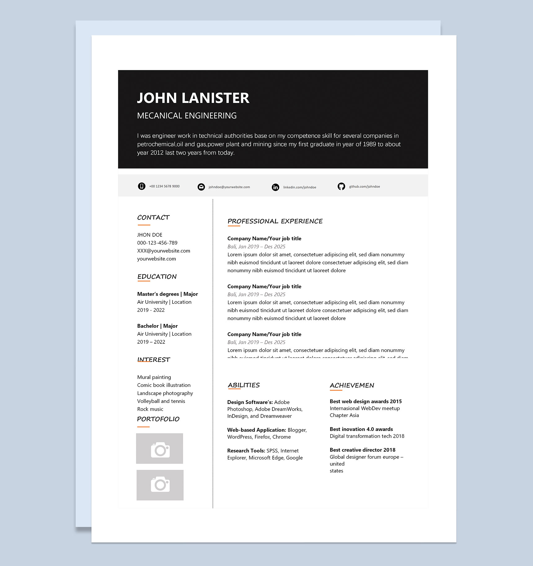 黑色外企机械工程师求职通用英文简历Word模板