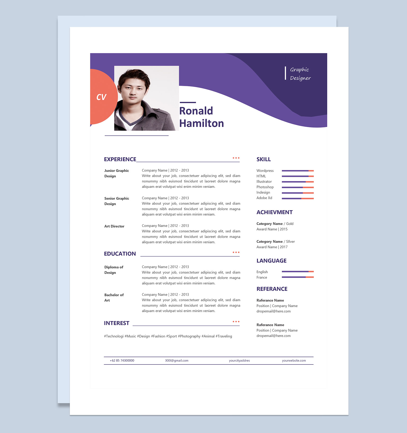 欧美风美术设计师求职通用英文简历Word模板