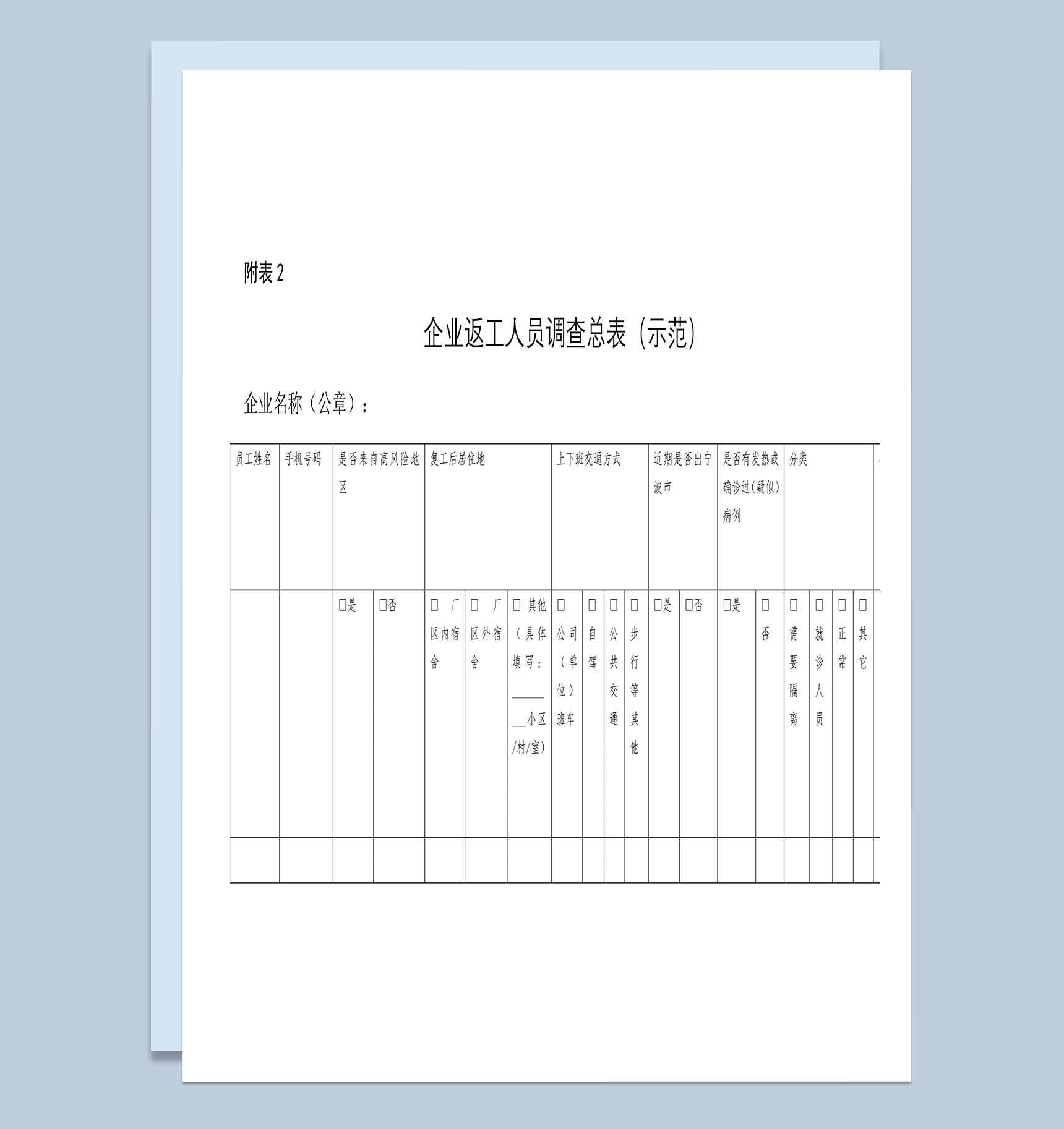 企业返工人员调查总表Word模板