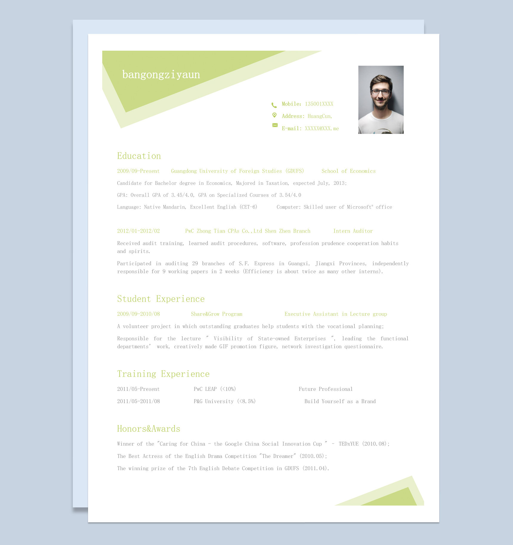 白色商务风格审计员个人求职英文简历Word模板