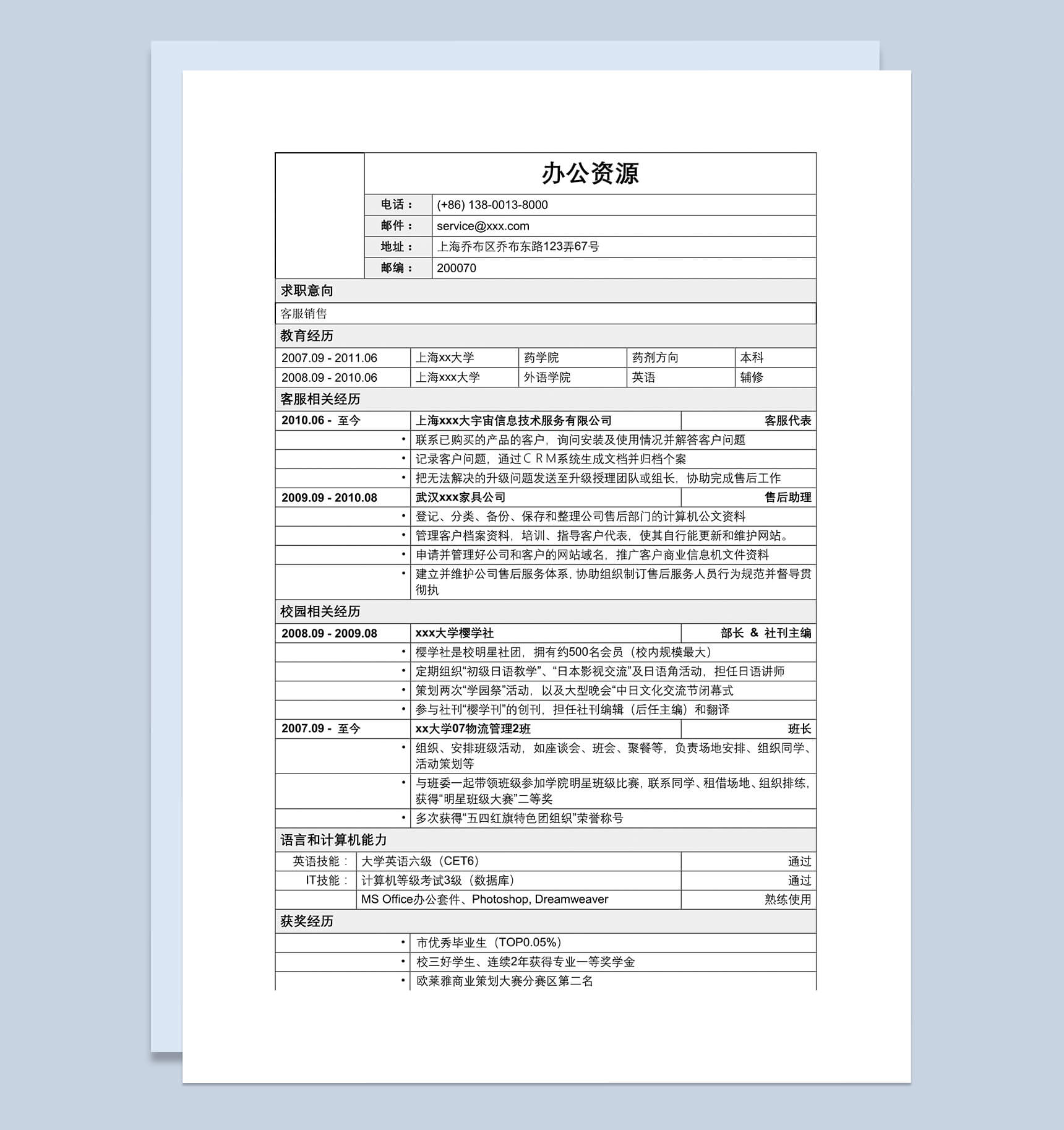 客服类求职招聘工作销售简历Word模板