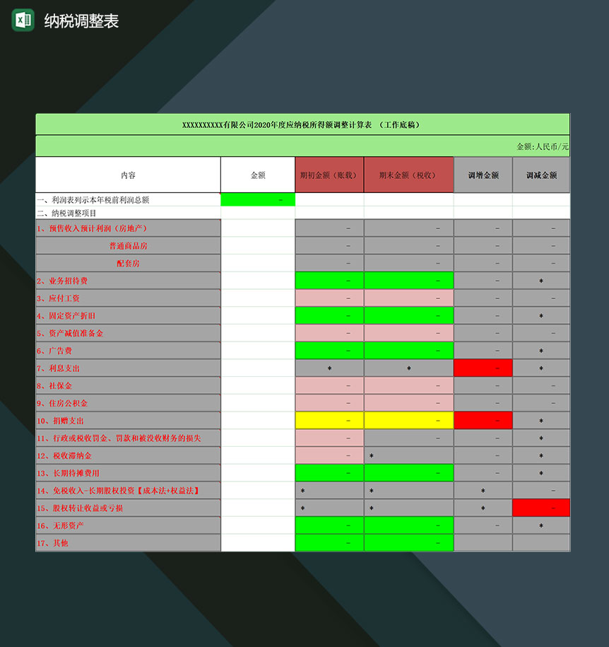 企业所得税纳税调整表格Excel模板