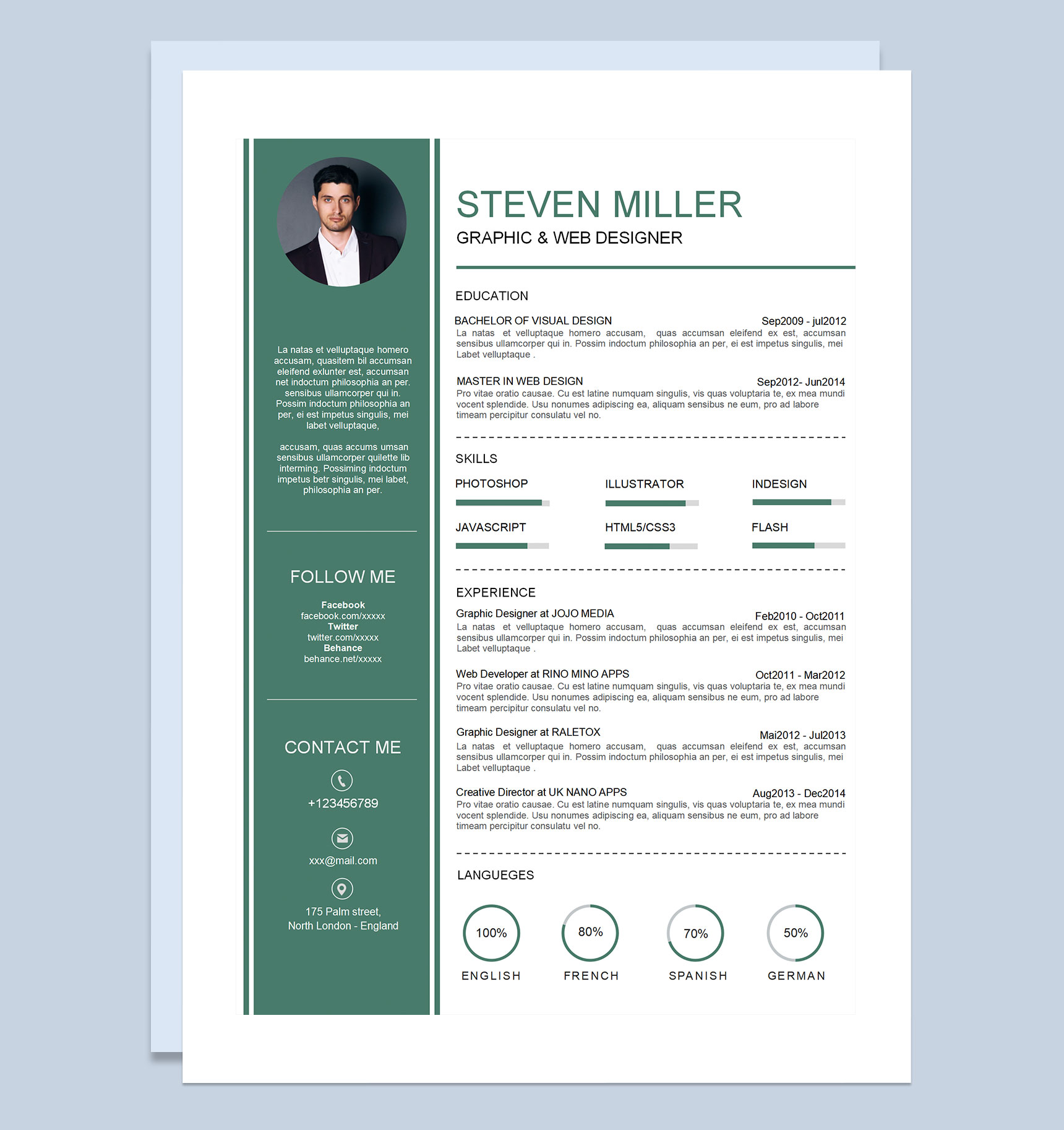 绿色商务风外企平面设计师网页设计师求职通用英文简历Word模板