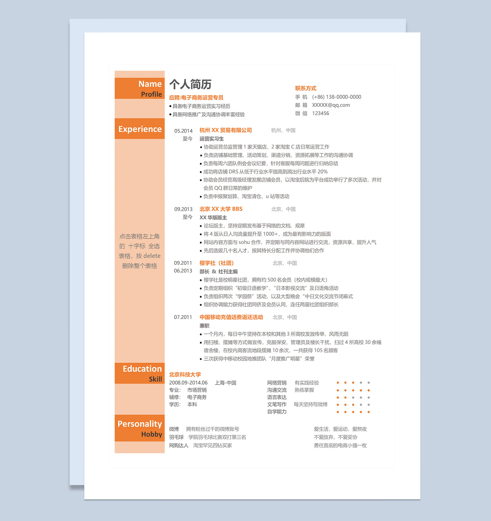 电子商务运营专员运营实习生通用个人简历求职简历Word模板