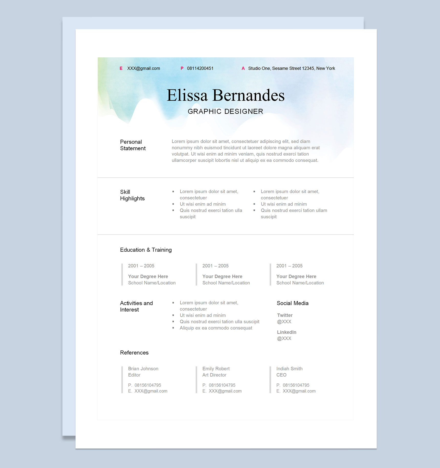 清新商务风外企平面设计师通用求职简历求职信个人简历Word模板