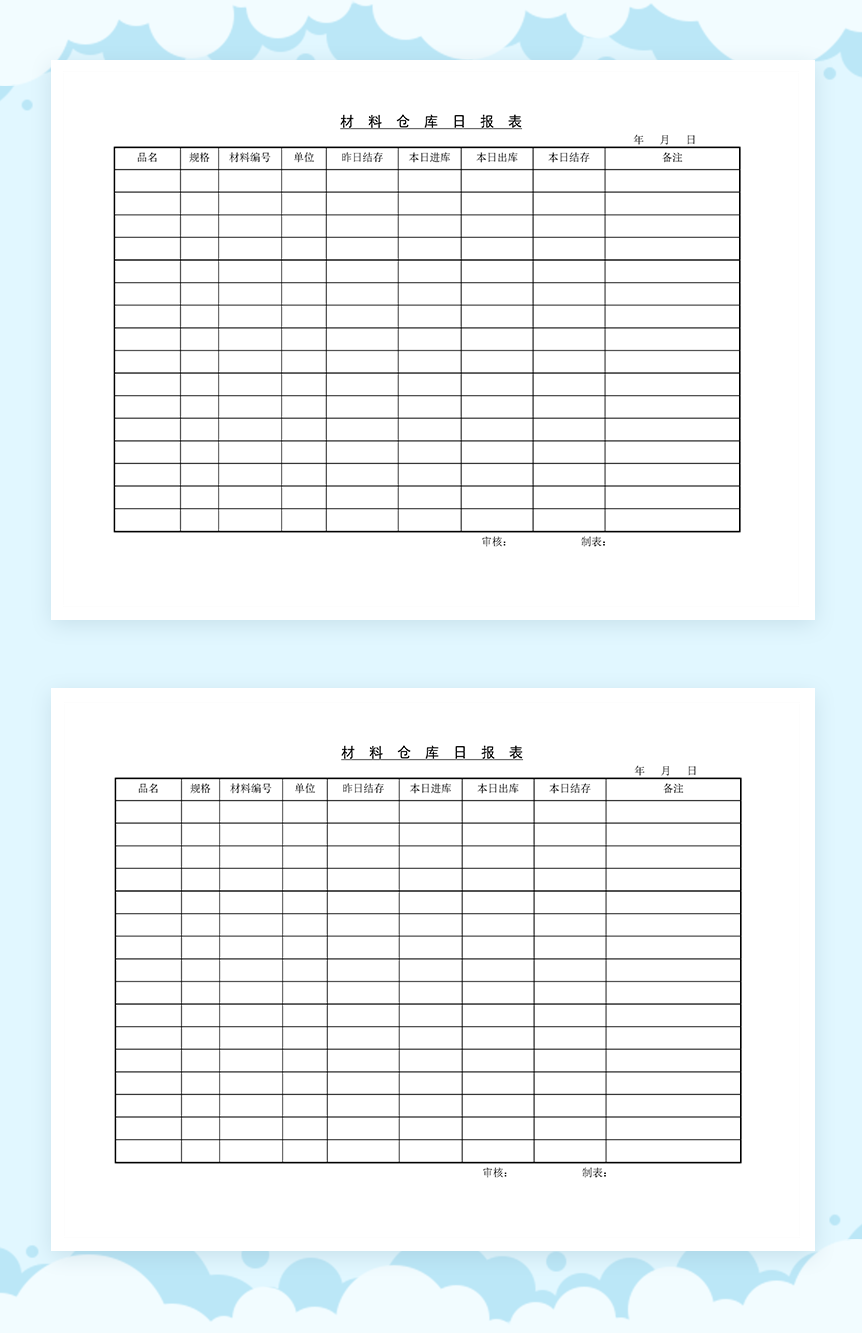 企业公司材料仓库每日统计报表Word模板