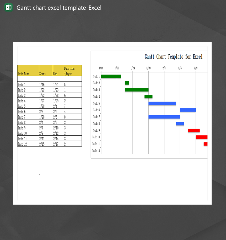 任务项目统计Gantt chart excel template英文版本甘特图Excel模板