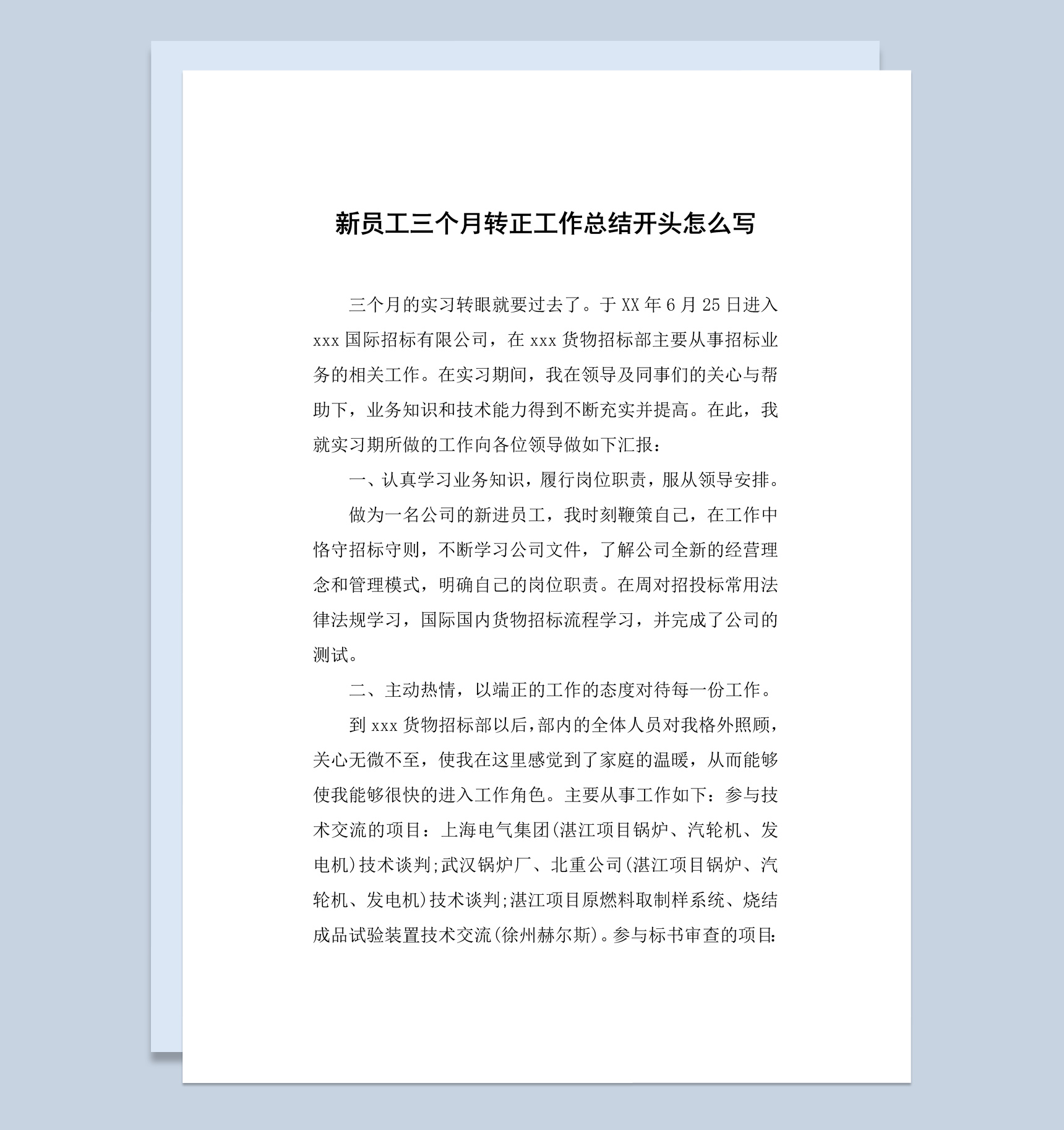 企业新进员工个人工作总结述职报告Word模板