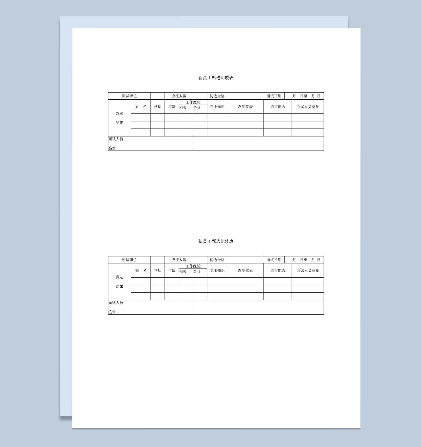 公司招聘新员工表现考核甄选比较结果表word模板