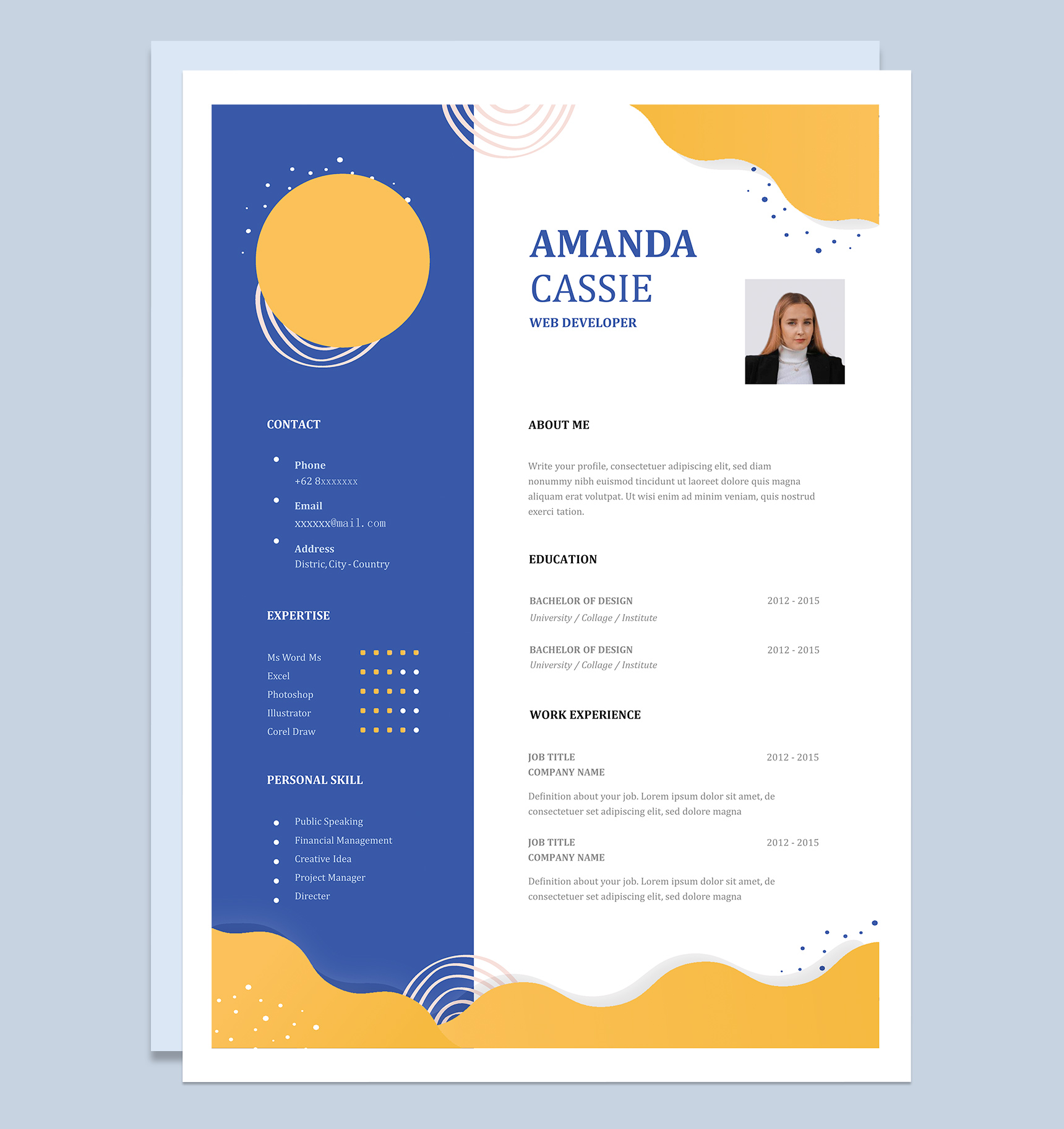 蓝黄色创意商务风格个人求职英文简历Word模板